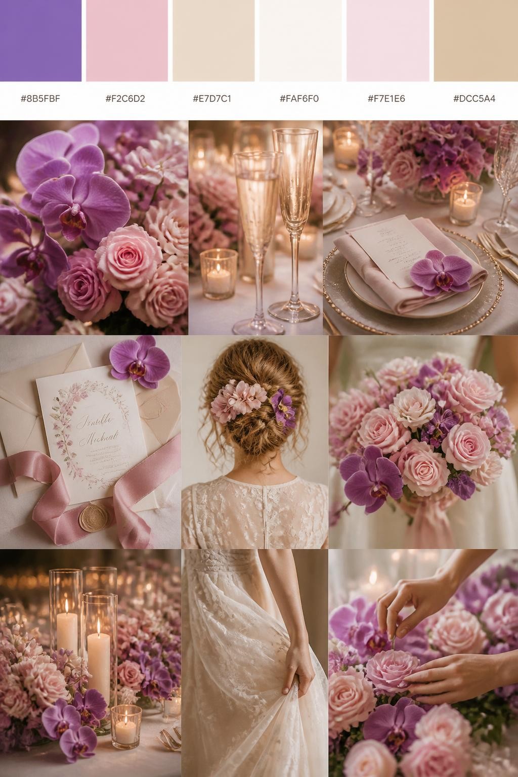 Image Prompt:
A realistic wedding inspiration mood board with a top strip of swatches and hex codes in orchid purple, blush pink, champagne, ivory, pale rose, and warm beige. Below, create a polished collage with orchid flowers, blush blooms, champagne glassware, elegant table settings, silk ribbon stationery, a cropped dress shot from below the chin, hands arranging flowers, and candlelit reception decor. Use a mix of no-people flat lays, bouquet close-ups, back-view styling, and side-angle detail photos with no visible full faces. The mood should feel warm, floral, romantic, and wedding-ready with realistic DSLR photo quality. 9:16 vertical format. (no watermarks on images)