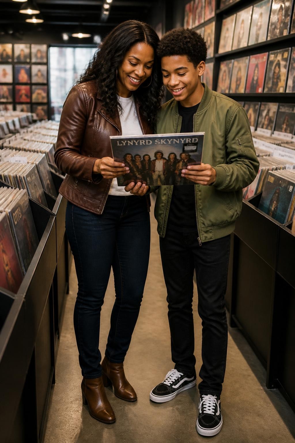 Image Prompt:
A realistic urban mother and son photoshoot inside a stylish record store, featuring a Black mother wearing a chocolate brown leather jacket, white T-shirt, dark jeans, and ankle boots, standing beside her teenage son in a green bomber jacket, black jeans, and sneakers. They are flipping through vinyl records in a clean aisle, smiling as they look at an album cover together. Warm store lighting, colorful record sleeves in the background, modern lifestyle photography, full faces visible, vertical image.