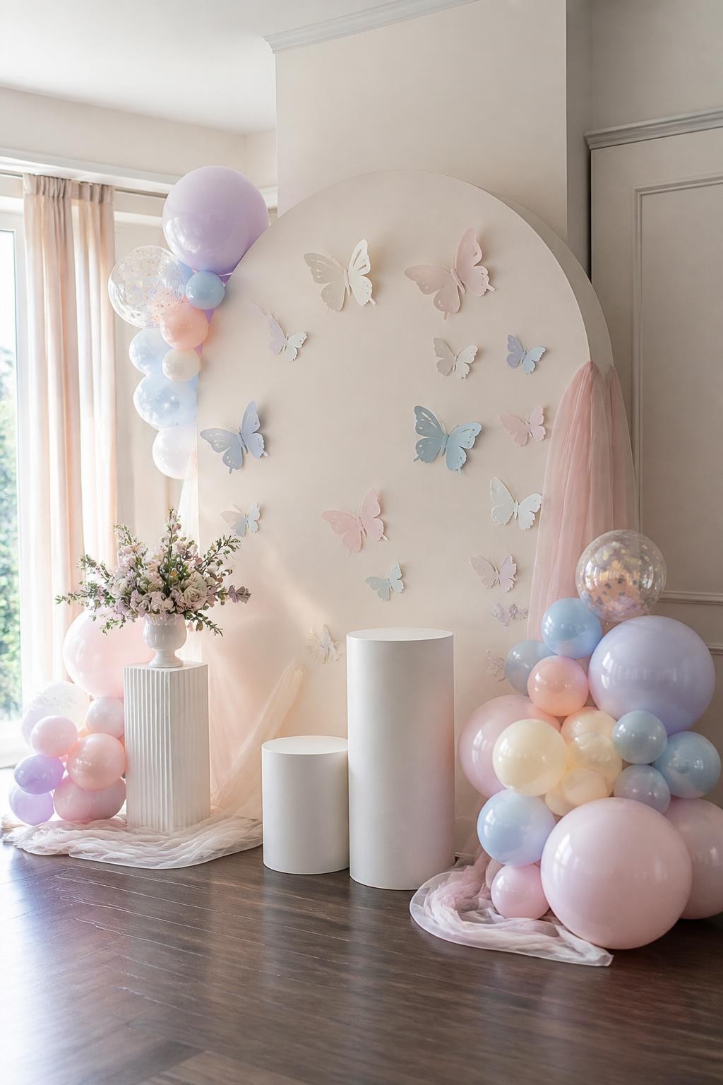 Image Prompt:
A single realistic photo of a whimsical arch backdrop with a cream arched panel decorated with delicate butterfly cutouts in blush, lavender, pale blue, and ivory, soft pastel balloon clusters at the base, sheer fabric draping, small white plinths, bright airy indoor party setting, no people, no faces, soft daylight, realistic editorial event photography, no text, no watermark.