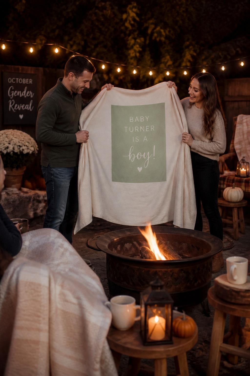 A realistic editorial photo of an October gender reveal near a safe backyard fire pit, cream and plaid blankets, lanterns, wooden stools, mugs of warm drinks, parents unfolding one special blanket to reveal a hidden color panel and baby message, cozy evening atmosphere, DSLR lifestyle photography