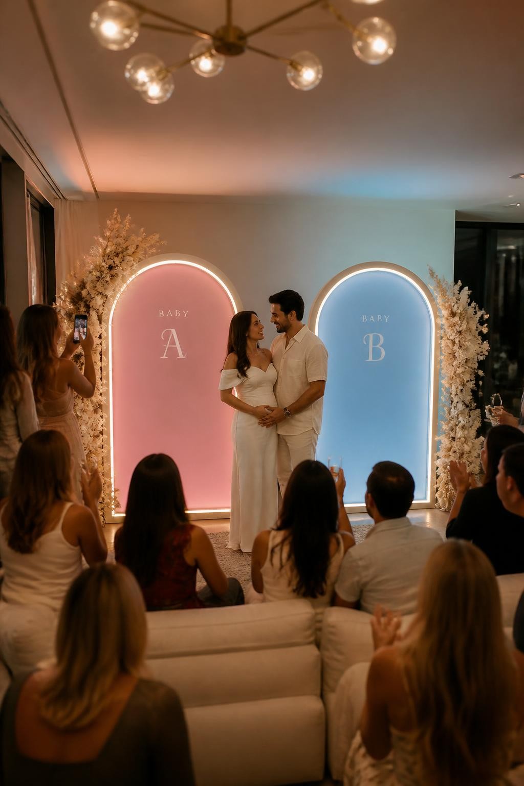 A realistic editorial photo of a modern twin gender reveal party at home, two glowing arch-shaped light panels side by side labeled Baby A and Baby B, neutral cream decor, soft florals, parents standing between the arches, guests watching as each arch glows in its own reveal color, warm indoor lighting, elegant futuristic lifestyle photography, vertical composition