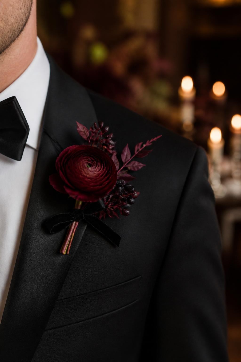 Realistic DSLR photo of a burgundy ranunculus boutonniere pinned to a black tuxedo lapel, styled with tiny dark blackberries, burgundy leaves, and a thin black velvet ribbon, moody candlelit wedding reception background, soft blur, elegant editorial fall wedding style.