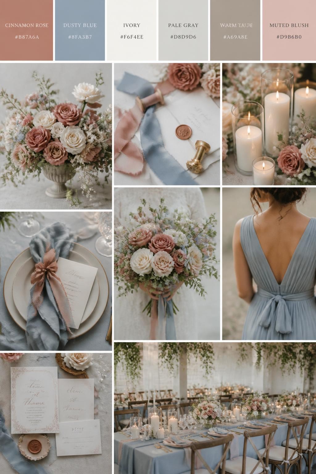 Image Prompt:
A realistic Pinterest-style wedding palette board with a top row of swatches and hex codes in cinnamon rose, dusty blue, ivory, pale gray, warm taupe, and muted blush. Below the swatches, create a refined wedding collage with dusty blue ribbon, cinnamon rose floral arrangements, ivory candles, soft table settings, elegant paper goods, a side-view bouquet shot, a bridesmaid dress detail cropped below the shoulders, and a no-people reception setup with soft floral styling. Use varied no-face compositions, including hands-only details, back-view styling, side-view crops, and no-people decor scenes. DSLR photo realism, 9:16 vertical format. (no watermarks on images)