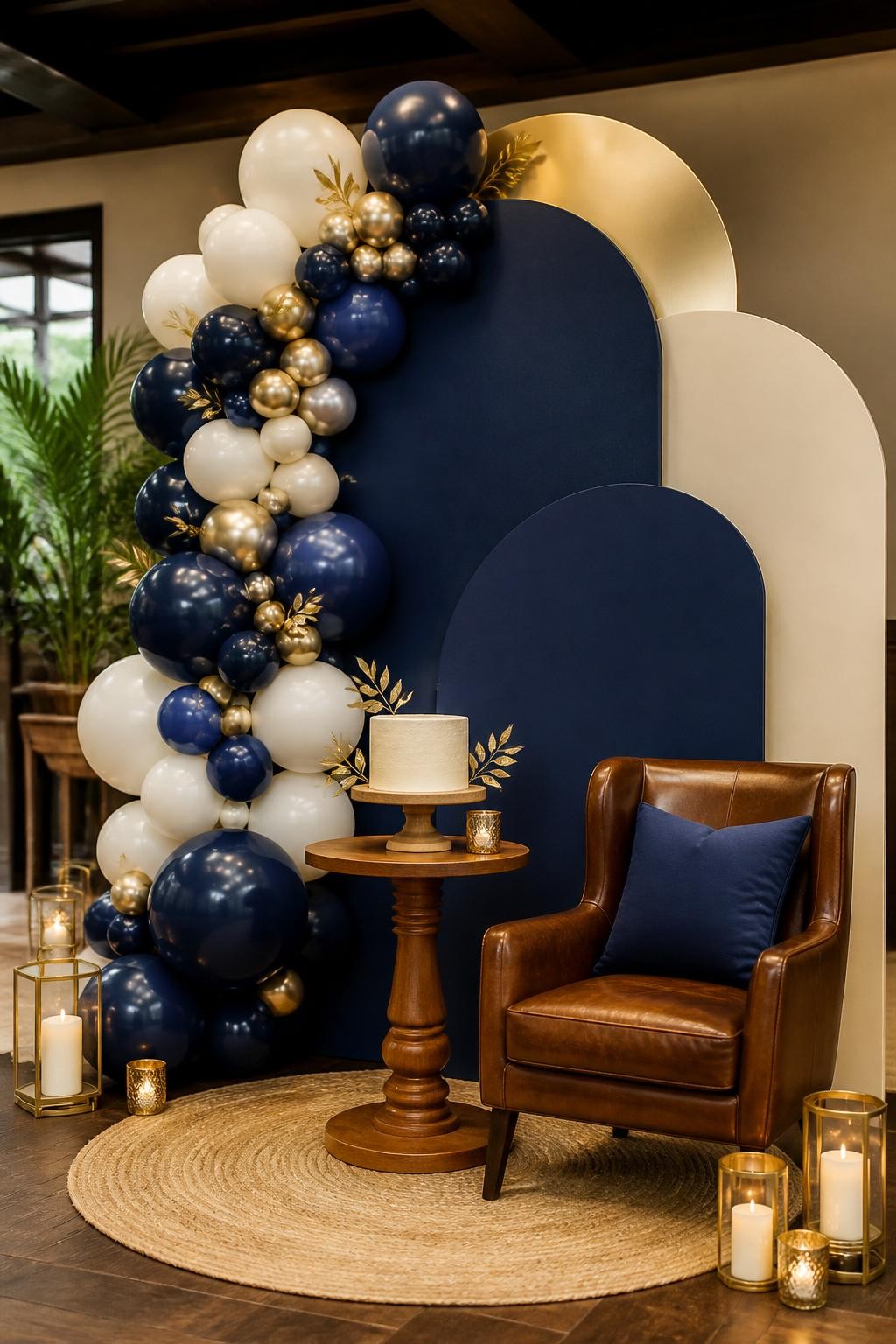Image Prompt:
A single realistic editorial-style photo of a classy Father’s Day party backdrop with layered curved panels in navy blue, cream, and champagne gold, organic balloon garland in navy, white, and metallic gold flowing down one side, a small wooden pedestal table in front, leather chair prop, warm candle-style decor, polished indoor family celebration setting, no people, no faces, soft warm lighting, realistic event photography, no text, no watermark.