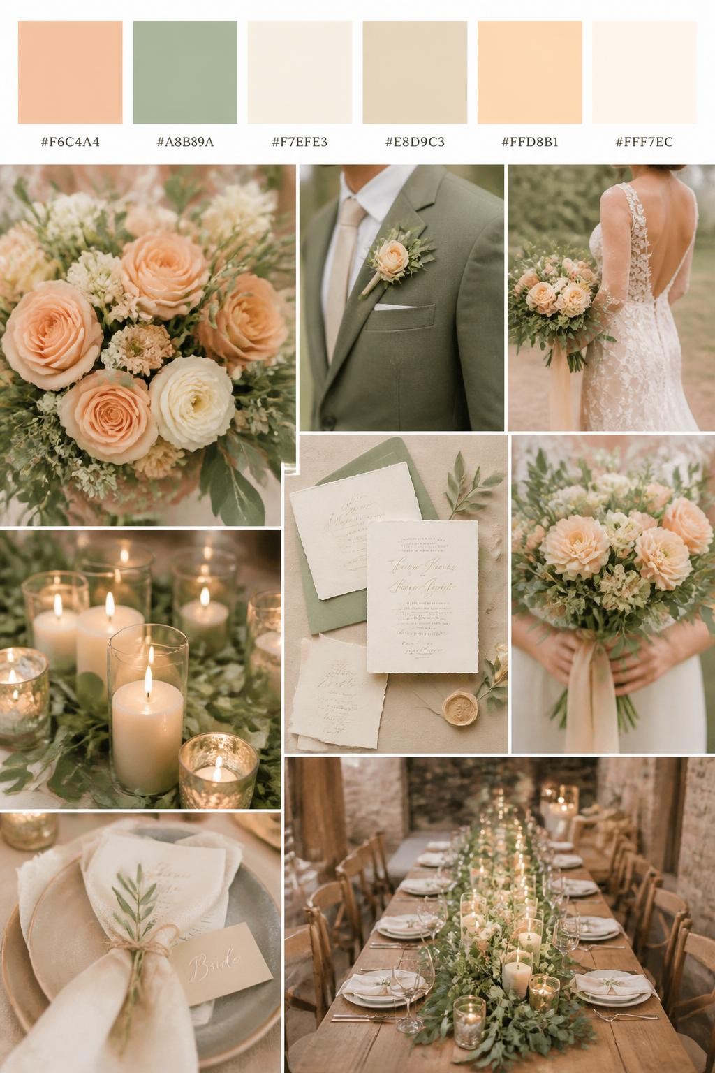 Image Prompt:
A realistic wedding palette board with a top row of color swatches and hex codes in peach, sage green, cream, warm beige, pale apricot, and soft ivory. Below, show a polished collage of peach flowers, sage greenery, cream candles, elegant paper goods, a groom suit detail with boutonniere and no visible face, cropped dress shots, bouquet styling in hands-only composition, and a romantic rustic reception table. Use no full faces, with side crops, back views, and no-people decor shots for variety. The mood should feel warm, fresh, rustic, and romantic with true-to-life DSLR quality. 9:16 vertical format. (no watermarks on images)
