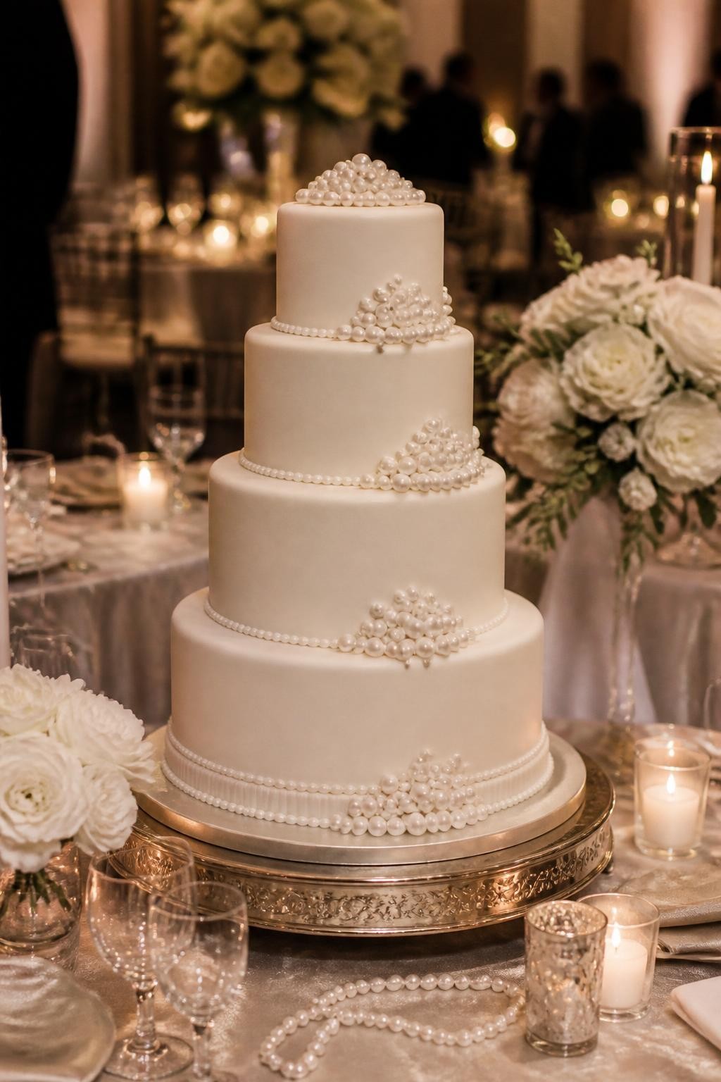 Image Prompt: Ultra-realistic wedding reception image of a retro old Hollywood inspired wedding cake with smooth ivory tiers, pearl borders and pearl clusters, subtle glamorous detailing, and an elegant classic finish. Place the cake on a luxury wedding cake table with candles, crystal glassware, white flowers, satin linens, and a softly blurred formal reception backdrop. Keep the cake front and center. No visible faces. If people appear, show only cropped hands, side silhouettes in blur, back views, or neck-down figures. Realistic pearl shine, refined icing texture, moody romantic lighting, DSLR editorial wedding photography. (no watermarks on images)