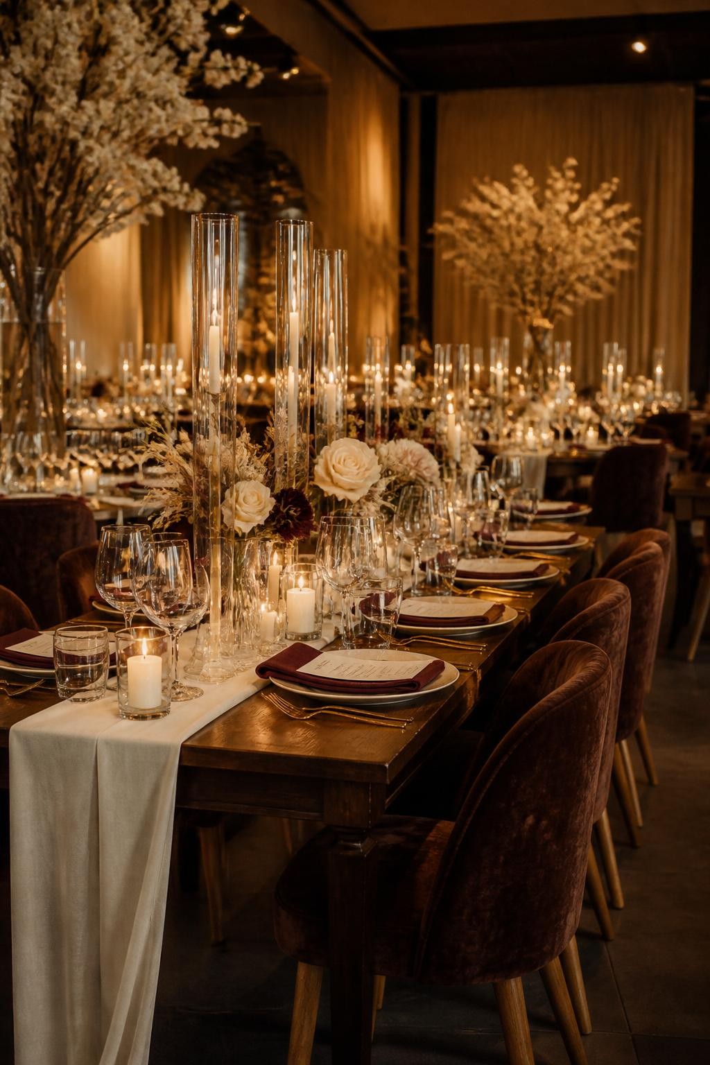 Realistic DSLR photo of a late fall wedding reception styled in mocha, cream, and wine tones, with brown velvet chairs, cream florals, wine-colored napkins, dark wood tables, ivory candles, and soft golden lighting, elegant modern indoor venue, warm editorial atmosphere.