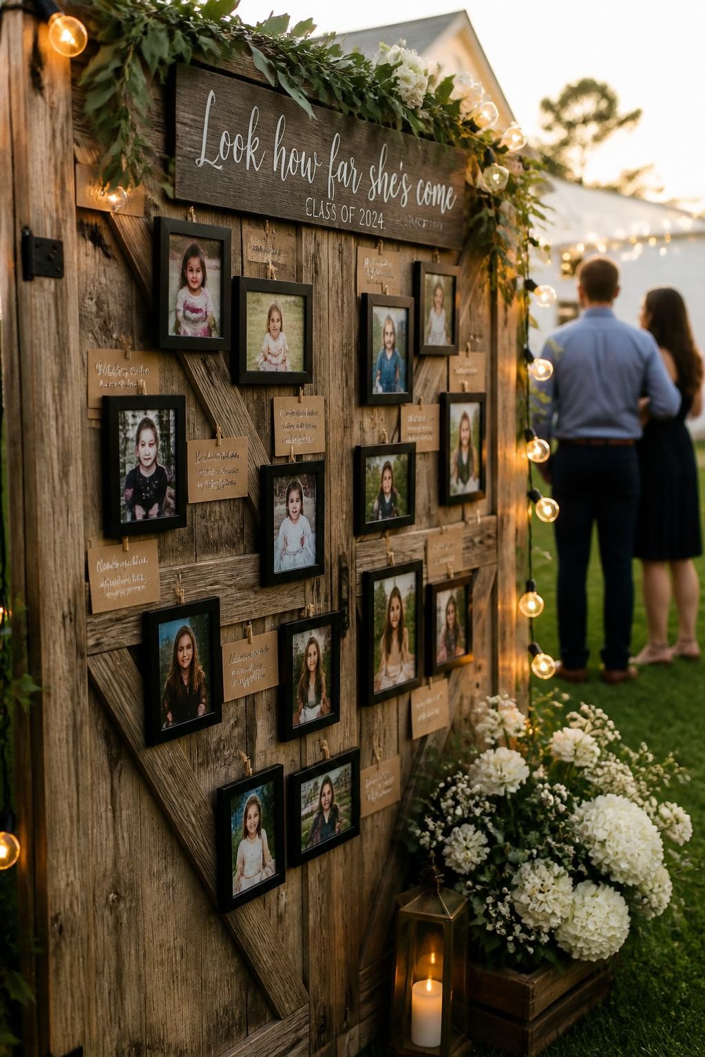 A realistic DSLR photo of a rustic graduation party memory wall made with vintage barn doors, framed school photos, kraft paper caption cards, small greenery garlands, soft white flowers, and warm string lights, two guests standing in the background with their backs turned and slightly out of focus, golden hour outdoor lighting, polished rustic event styling.
