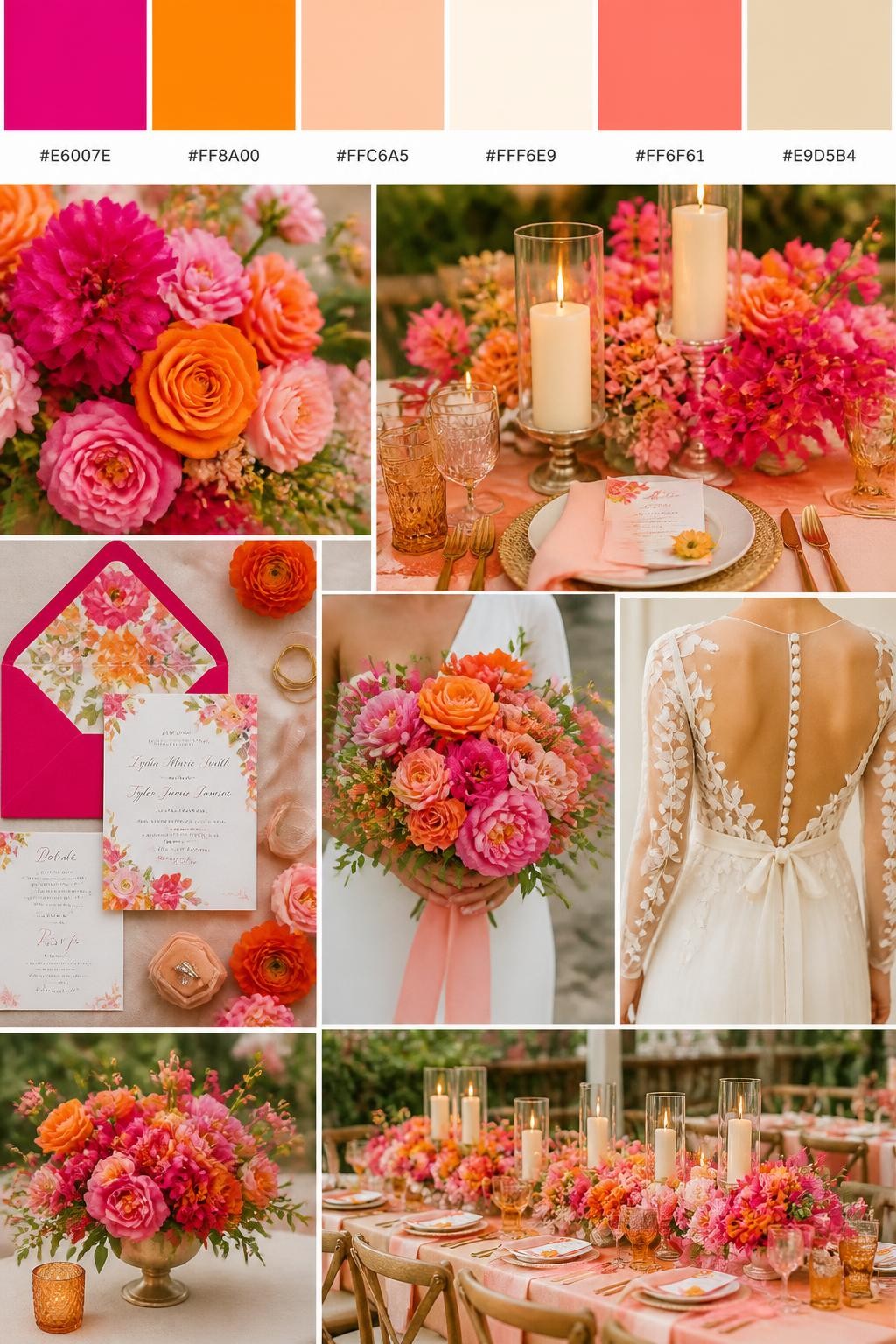 Image Prompt:
A realistic wedding color scheme mood board with a top swatch strip and small hex codes in hot pink, orange, soft peach, cream, coral, and warm beige. Below, create a lively romantic collage of hot pink and orange flowers, peach table accents, cream candles, colorful invitations, hands holding a bouquet, a back-view bridal detail, and a no-people reception table with bold floral styling. Use no clear faces and mix detail shots with no-people decor images for variety. The mood should feel joyful, colorful, romantic, and polished with soft natural light and DSLR-style realism. 9:16 vertical format. (no watermarks on images)