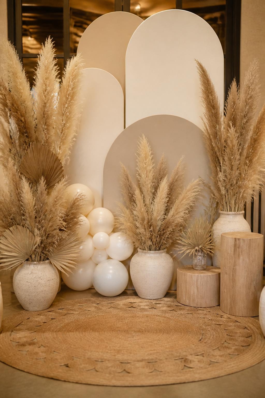 Image Prompt:
A single realistic editorial-style photo of a rustic pampas grass backdrop with layered beige and cream arch panels, tall pampas grass arrangements in ceramic floor vases, dried palm leaves, ivory balloons, wooden plinths, woven rug, warm indoor event venue, no people, no faces, soft golden lighting, realistic upscale event photography, no text, no watermark.