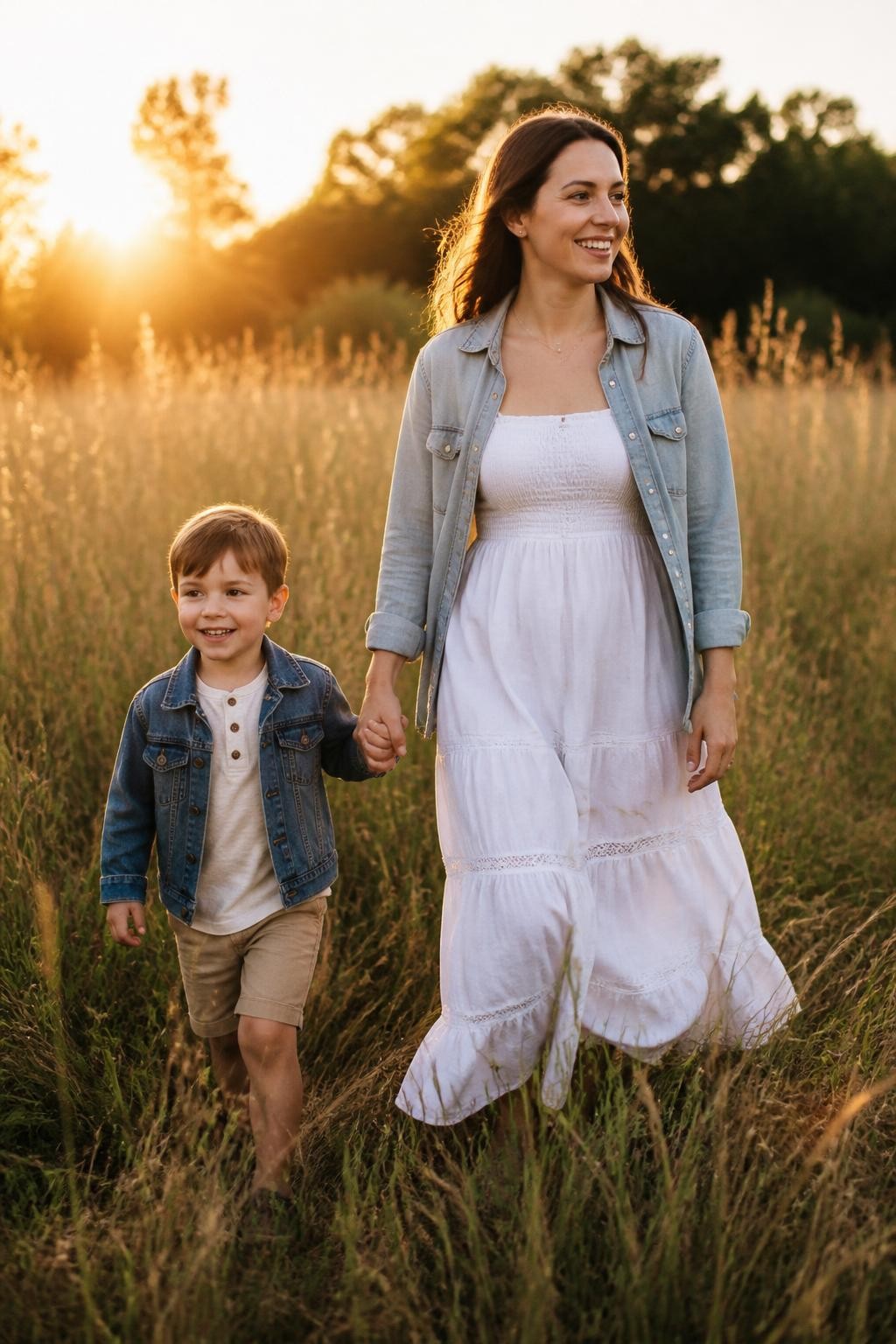 Image Prompt:
A realistic golden-hour mother and son photoshoot in an open grassy field, featuring a white mother wearing a light denim shirt over a white cotton dress and her young son wearing a denim jacket, cream T-shirt, and khaki shorts. They are walking hand in hand through tall soft grass, both looking ahead with relaxed smiles. The sun is low behind them, creating warm backlight and gentle lens flare. Natural outdoor family photography, airy colors, realistic movement, vertical image.