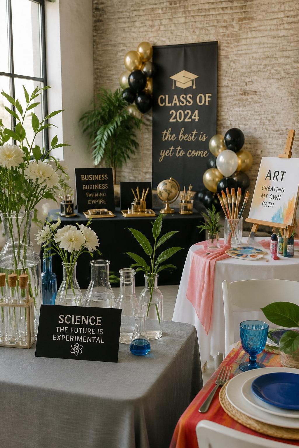 A realistic DSLR photo of a modern college graduation party setup with separate themed party corners for different academic majors, including a mini science station with glass vases and flowers, a business corner with sleek black signage and gold desk accessories, an art corner with canvases and brushes, colorful table styling, indoor loft venue, natural window light, clean realistic decor, no people.