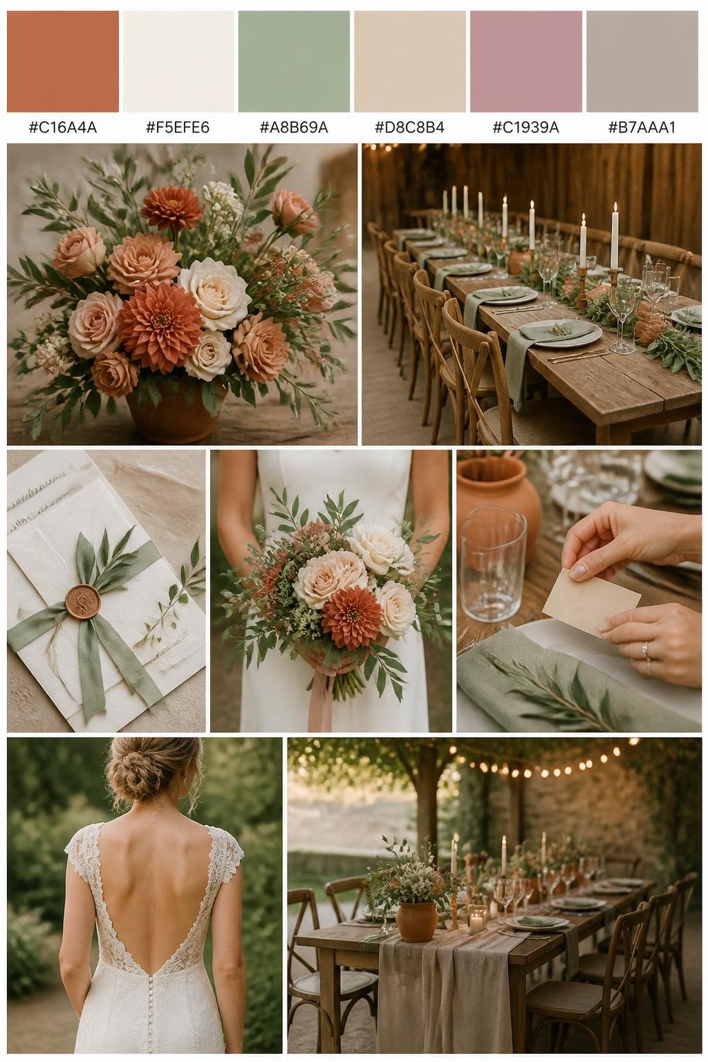 Image Prompt:
A realistic rustic wedding color palette mood board in a Pinterest-style collage layout. Add a top row of clean color swatches with small hex codes in terracotta, cream, sage green, warm beige, dusty rose, and soft taupe. Below the swatches, create a polished collage of rustic wedding details: terracotta flowers, cream roses, sage greenery, wooden farmhouse reception tables, linen napkins, elegant stationery tied with ribbon, a bouquet held at waist level with no face visible, hands adjusting place cards, a back-view dress detail, and a no-people rustic reception table scene with candles. Use side views, back views, cropped-from-neck detail shots, hands-only styling, and no-people scenes to avoid showing faces. Soft natural light, barn or garden setting, DSLR-style realism, 9:16 vertical format. No extra text except small hex codes on the palette strip. (no watermarks on images)