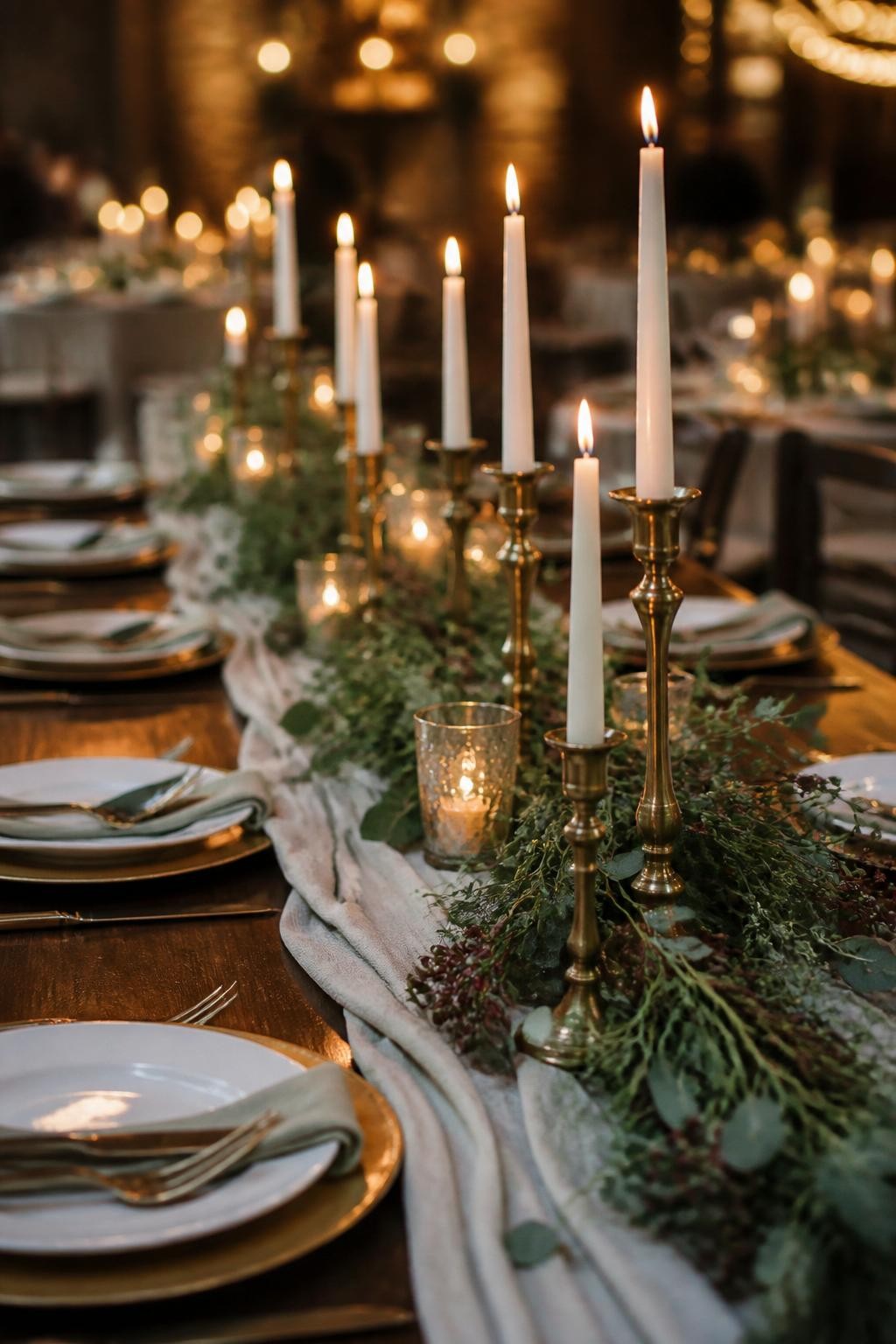 Realistic DSLR photo of a fall wedding table centerpiece with a row of brass candlesticks holding ivory taper candles, loose greenery, small burgundy berries, and a soft linen runner, set on a dark wooden table with elegant plates and warm candlelit reception atmosphere.