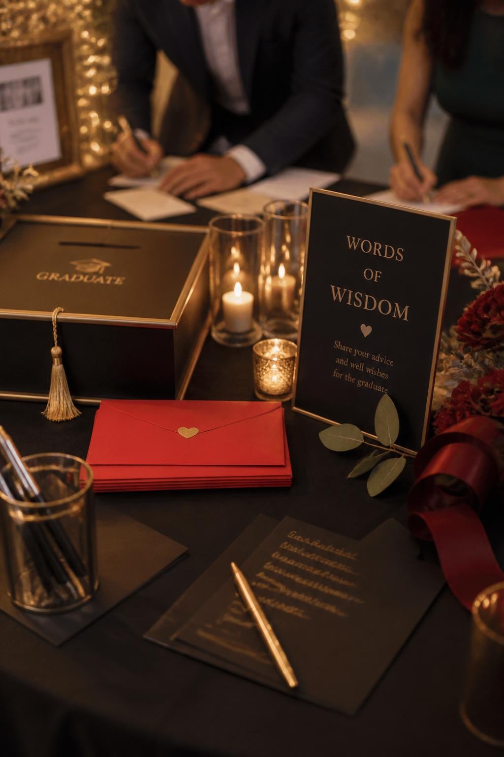 Image prompt: A realistic DSLR photo of a graduation letter-writing table with red envelopes, black stationery, elegant pens, candles, flowers, ribbon, a keepsake box, and two guests writing notes in the background with faces not visible and softly blurred, warm evening light, emotional realistic event styling.