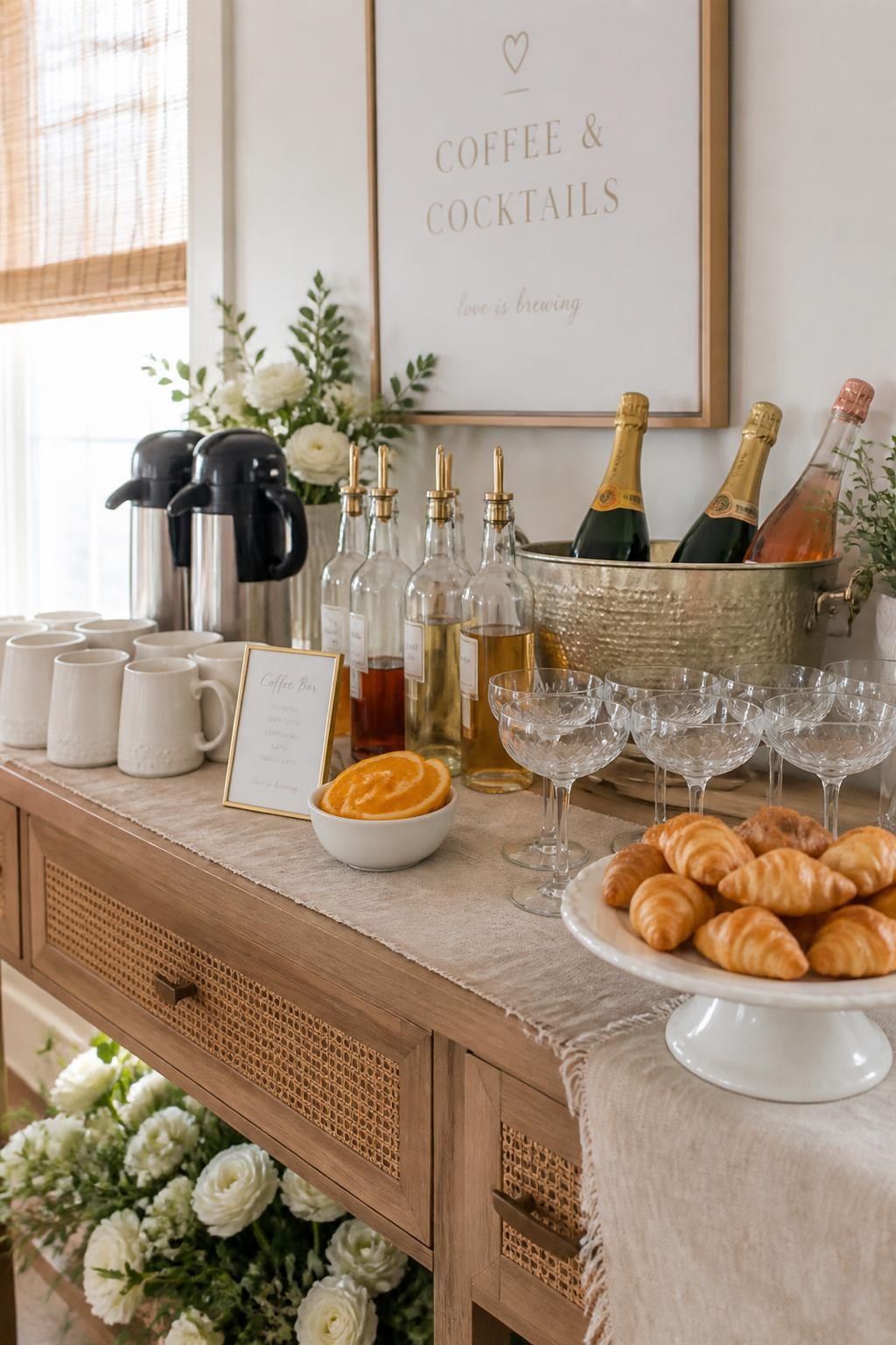 A realistic DSLR photo of a bridal shower brunch coffee bar with coffee carafes on one side and a sparkling drink setup on the other, white mugs, coupe glasses, glass syrup bottles, orange slices in a small bowl, mini croissants on a cake stand, cream linen runner, white flowers, warm morning light, elegant brunch party styling, no people.