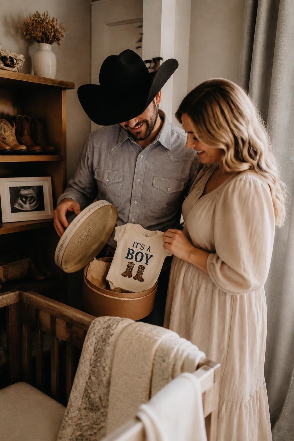 A realistic editorial photo of a western gender reveal nursery corner, tiny cowboy boots on a wooden shelf, crib detail, linen curtains, soft blankets, dried flowers, parents opening a small closet door or lifting a hat box to reveal a baby outfit and message, warm natural light, lifestyle photography, vertical format