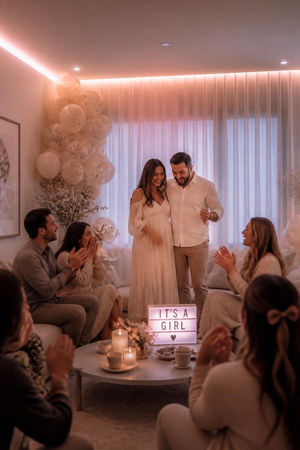 A cinematic realistic photo of a cozy modern living room gender reveal at home, warm neutral sofa, sheer curtains, family and friends gathered around a coffee table, smart lamps and hidden LED strips glowing in one soft reveal color, elegant cream balloons used only as background decor, candles on the table, excited parents standing together, evening indoor lighting, editorial lifestyle photography, realistic DSLR look, vertical composition