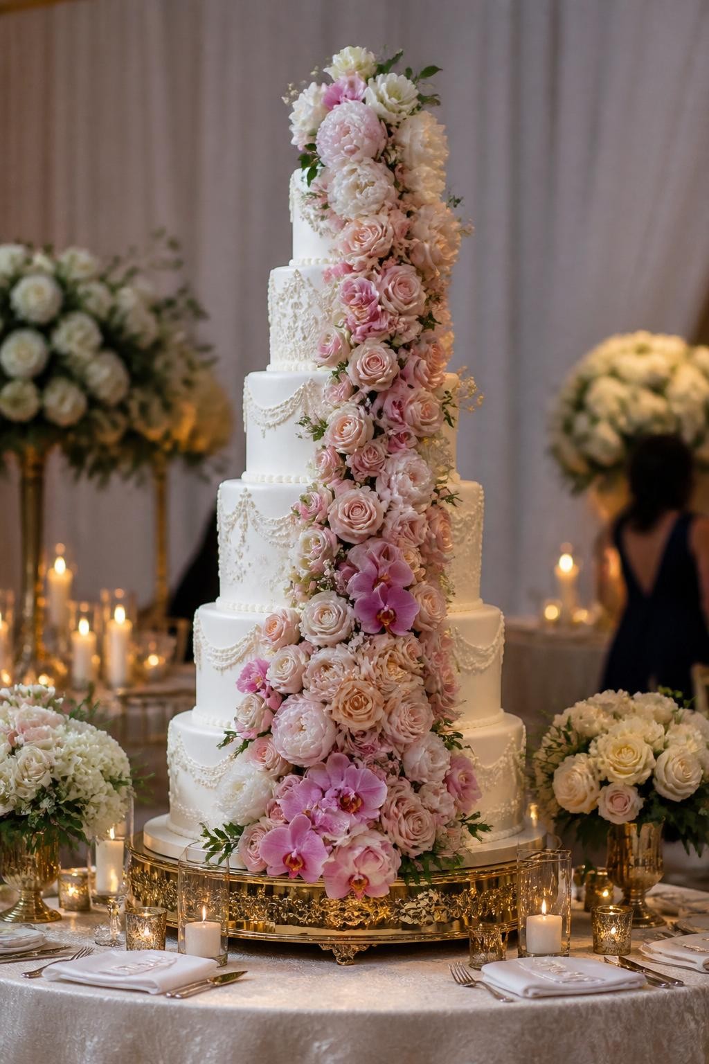Image Prompt: Ultra-realistic wedding party scene showing a very tall extravagant wedding cake with multiple tiers and a dramatic cascade of fresh flowers flowing from top to bottom. Use roses, peonies, orchids, and soft greenery in a luxurious arrangement. Place the cake on an elegant reception cake table with candles, floral centerpieces, fine linens, and a softly blurred wedding venue background. Keep the cake in sharp focus. No visible faces. If guests appear, show only side views in soft blur, back views, cropped torsos, or neck-down figures. Realistic fresh flower texture, detailed icing, soft flattering light, DSLR wedding realism. (no watermarks on images)
