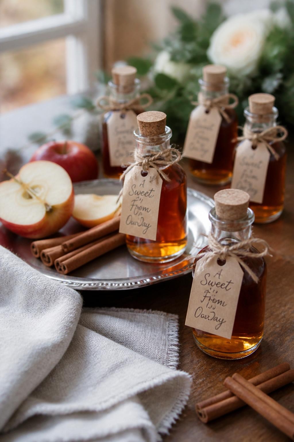 Realistic DSLR photo of mini glass bottles filled with amber spiced apple syrup, sealed with cork tops and tied with cinnamon-colored twine, small handwritten tags reading “A Sweet Sip From Our Day,” arranged beside sliced apples, cinnamon sticks, and linen napkins on a fall wedding table, natural window light, warm editorial style.
