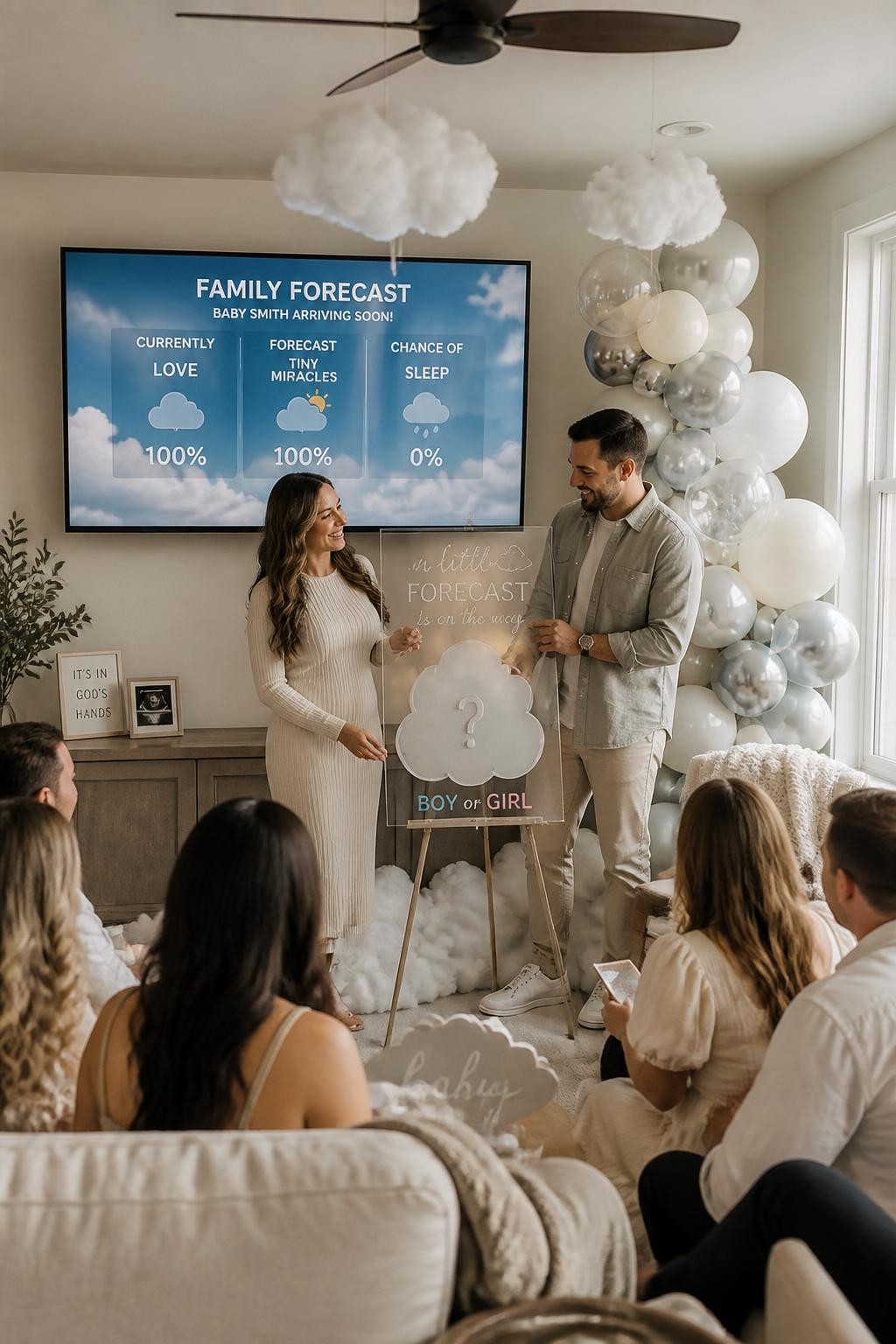 A realistic editorial photo of a modern gender reveal party styled like a dreamy weather forecast studio, soft cloud decor, clear acrylic signs, silver and cream balloons, a large screen showing “family forecast,” parents standing beside a reveal board, guests seated in a bright living room, warm natural light, polished lifestyle photography, vertical composition