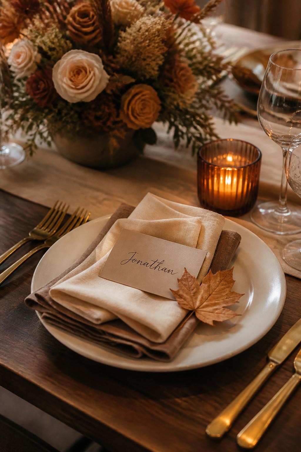 Realistic DSLR close-up of a cozy fall wedding place setting with layered linen napkins in cream and mocha, ivory plate, gold flatware, small candle in amber glass, handwritten name card, dried leaf accent, and soft floral centerpiece in the background, warm intimate reception lighting.