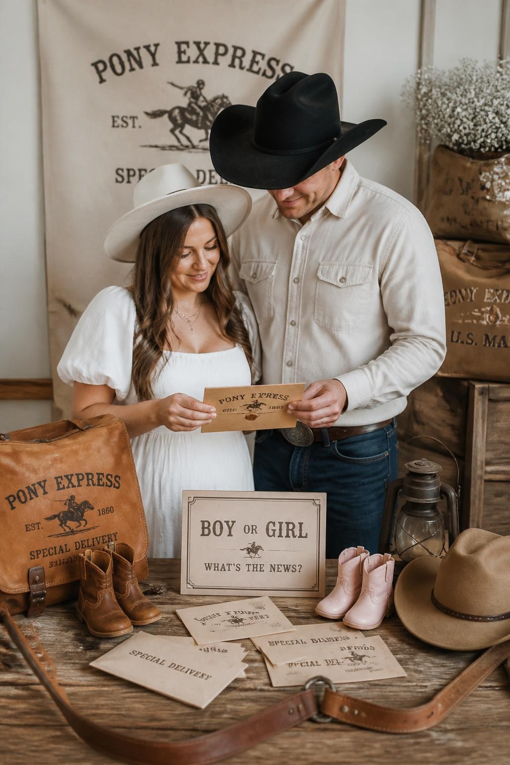 A realistic editorial photo of a charming western gender reveal setup with vintage mailbags, old-style envelopes, rustic wood table, leather straps, cowboy hat, baby boots, parents opening a special Pony Express-inspired envelope sealed with wax, warm neutral ranch decor, vertical editorial photography