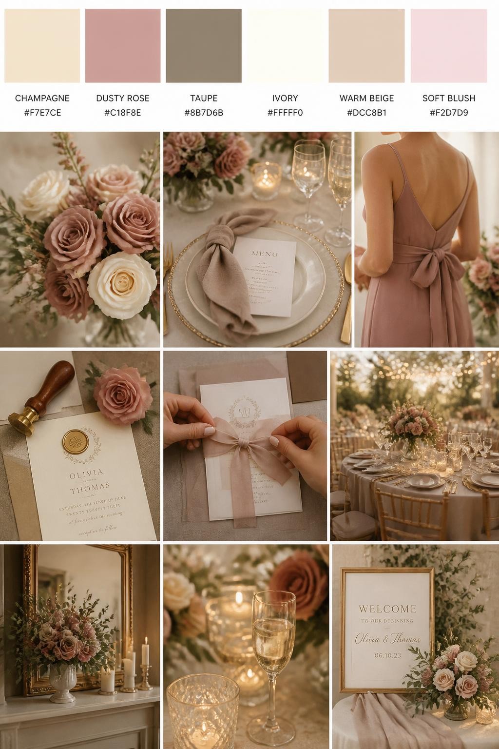 Image Prompt:
A realistic wedding color palette collage with a top row of swatches and hex codes in champagne, dusty rose, taupe, ivory, warm beige, and soft blush. Below, show realistic wedding details such as dusty rose flowers, taupe linens, champagne glassware, elegant stationery, hands tying an invitation suite, a cropped-from-neck bridesmaid dress detail, and a softly lit reception setup. Keep all people shown from the back, side, or cropped below the face, and include some no-people decor scenes for variety. The mood should feel soft, romantic, warm, and polished with DSLR-quality realism. 9:16 vertical format. (no watermarks on images)