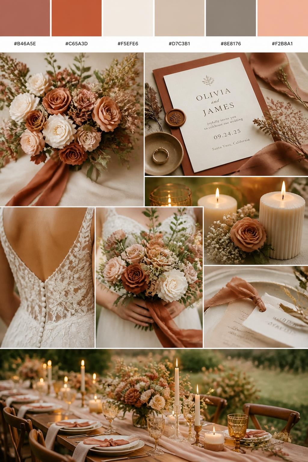 Image Prompt:
A realistic wedding color scheme mood board with a top swatch strip and small hex codes in cinnamon rose, terracotta, cream, clay beige, warm taupe, and soft peach. Below, create a warm romantic collage of terracotta flowers, cinnamon rose ribbon, cream candles, elegant stationery, hands holding a bouquet, a back-view bridal detail, and a no-people reception table with soft earthy styling. Use no clear faces and mix detail shots with no-people decor images for variety. The mood should feel warm, earthy, and romantic with soft natural light and DSLR-style realism. 9:16 vertical format. (no watermarks on images)