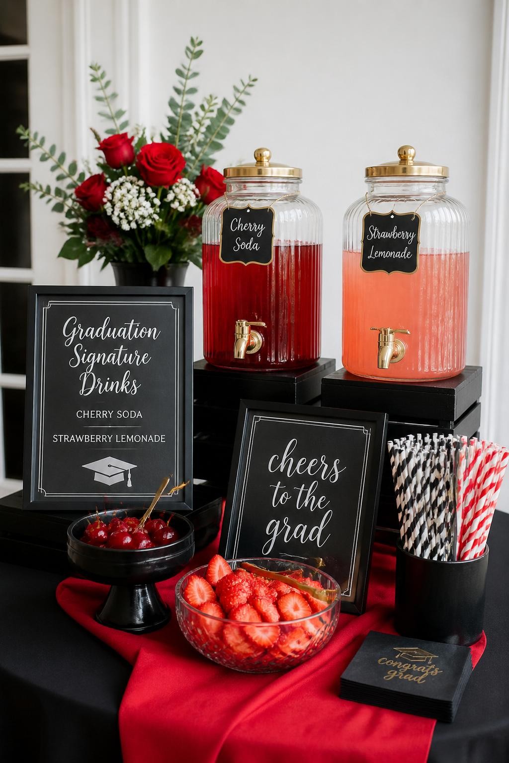 Image prompt: A realistic DSLR photo of a classy graduation drink station with red mocktails, cherry soda, strawberry lemonade, black menu signs, glass dispensers, red fruit garnish bowls, striped paper straws, and clean red and black styling, no people, bright realistic event photography.