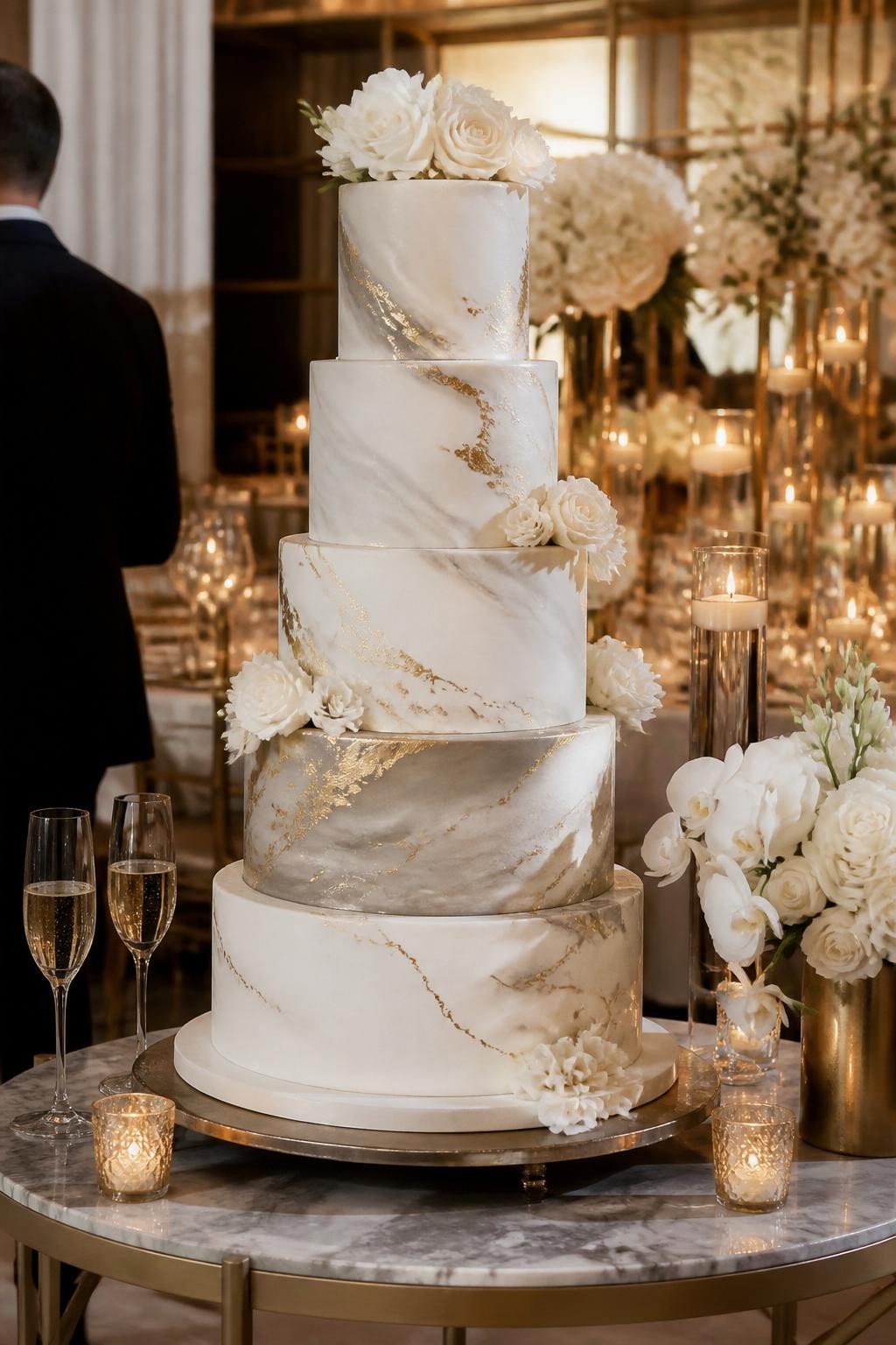 Image Prompt: Ultra-realistic wedding party image of an extravagant marble and metallic wedding cake with soft marbled tiers in white, gray, taupe, or beige tones, finished with elegant metallic gold or silver details. Place the cake on a modern luxury cake table with candles, sleek florals, champagne glasses, and an upscale wedding reception backdrop. Keep the cake as the main focus. No visible faces. If guests appear, show only cropped hands, soft side views, back views, or neck-down figures. Realistic marble texture, subtle metallic shine, soft elegant lighting, DSLR wedding photography. (no watermarks on images)