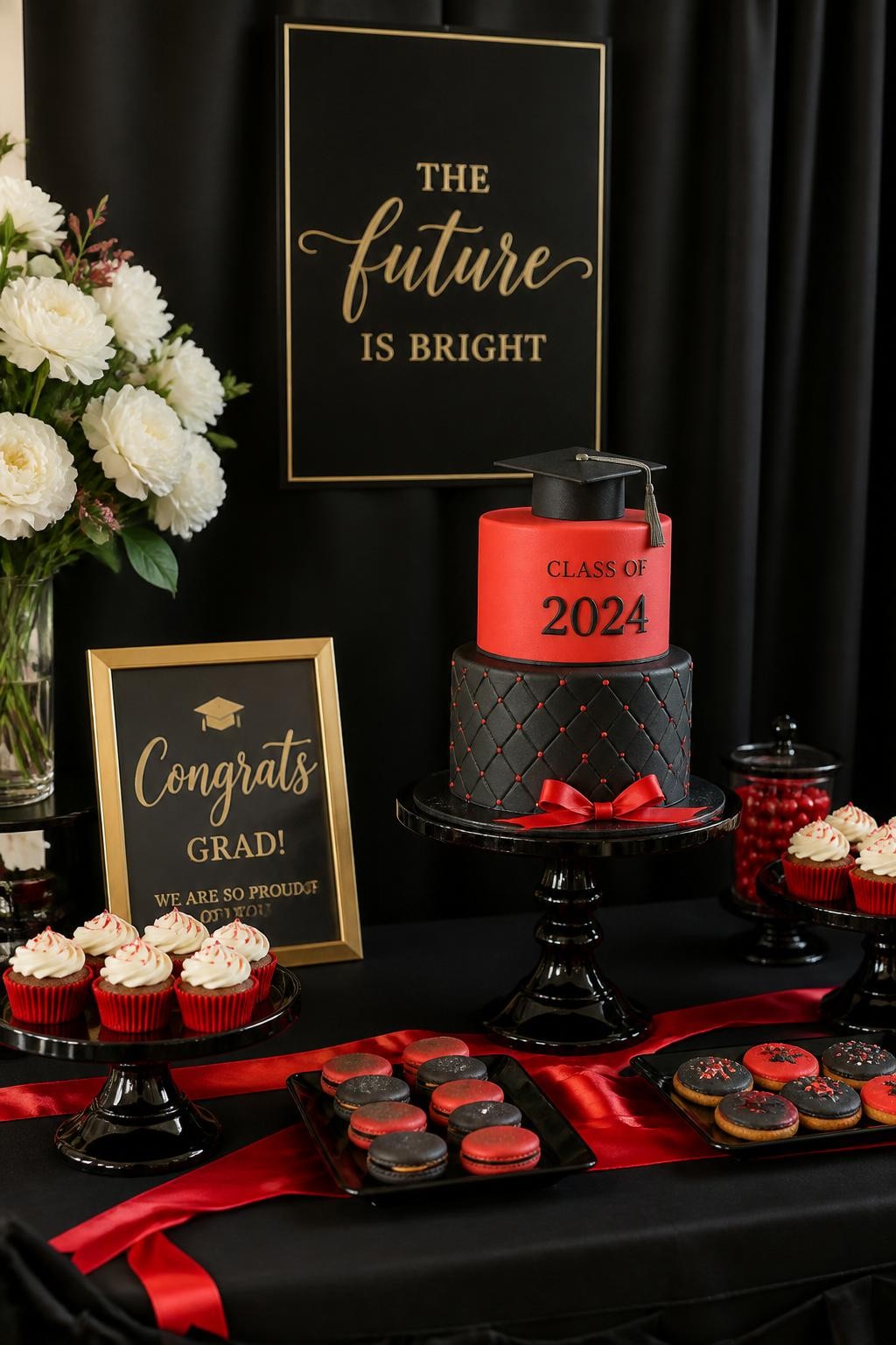 Image prompt: A realistic DSLR photo of a red and black graduation dessert table with a sleek black backdrop, a red and black graduation cake, cupcakes, macarons, glossy black cake stands, red ribbon accents, framed signage, soft flowers, and warm natural indoor light, no people, polished event photography.