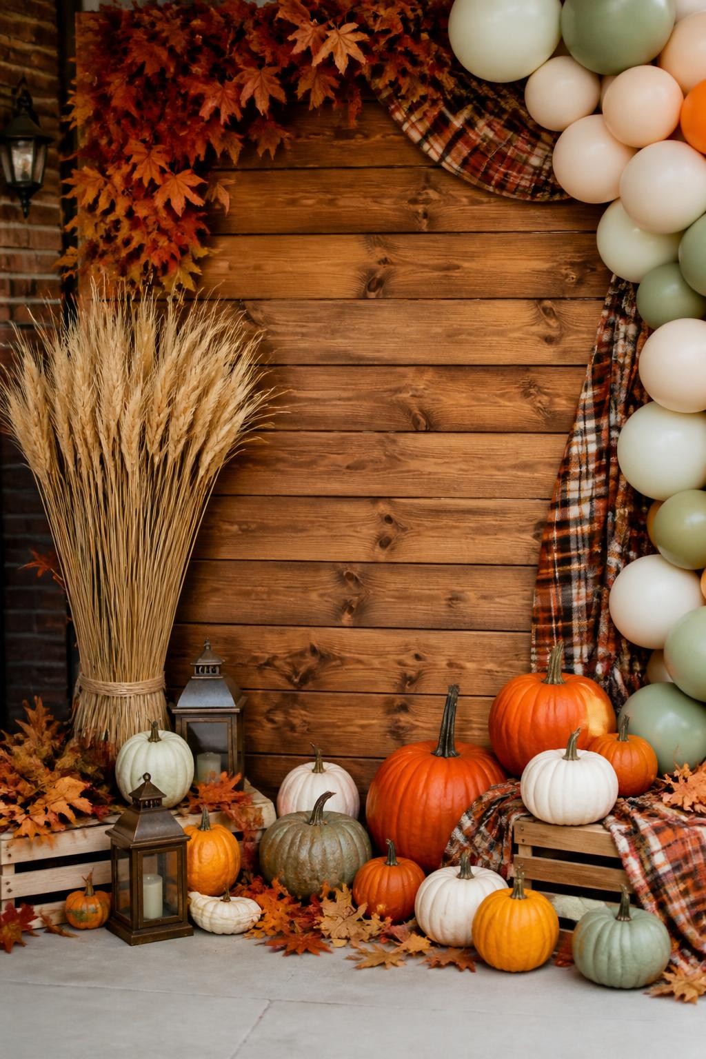 Image Prompt:
A single realistic photo of a rustic fall party backdrop with a warm wooden wall, pumpkins in white, orange, and sage green arranged at the base, dried wheat bundles, fall leaves, lanterns, plaid fabric accents, neutral balloon clusters, cozy indoor or porch setting, no people, no faces, warm natural lighting, realistic autumn event photography, no text, no watermark.