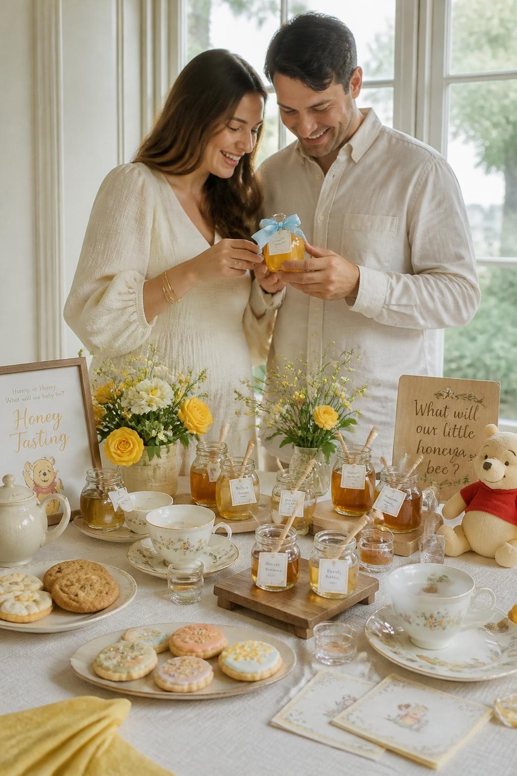 A realistic editorial photo of a Winnie the Pooh-inspired honey tasting gender reveal table, glass honey jars, wooden dippers, biscuits, tea cups, soft yellow flowers, parents lifting one special jar with a colored ribbon and hidden message underneath, warm natural light, elegant rustic food styling