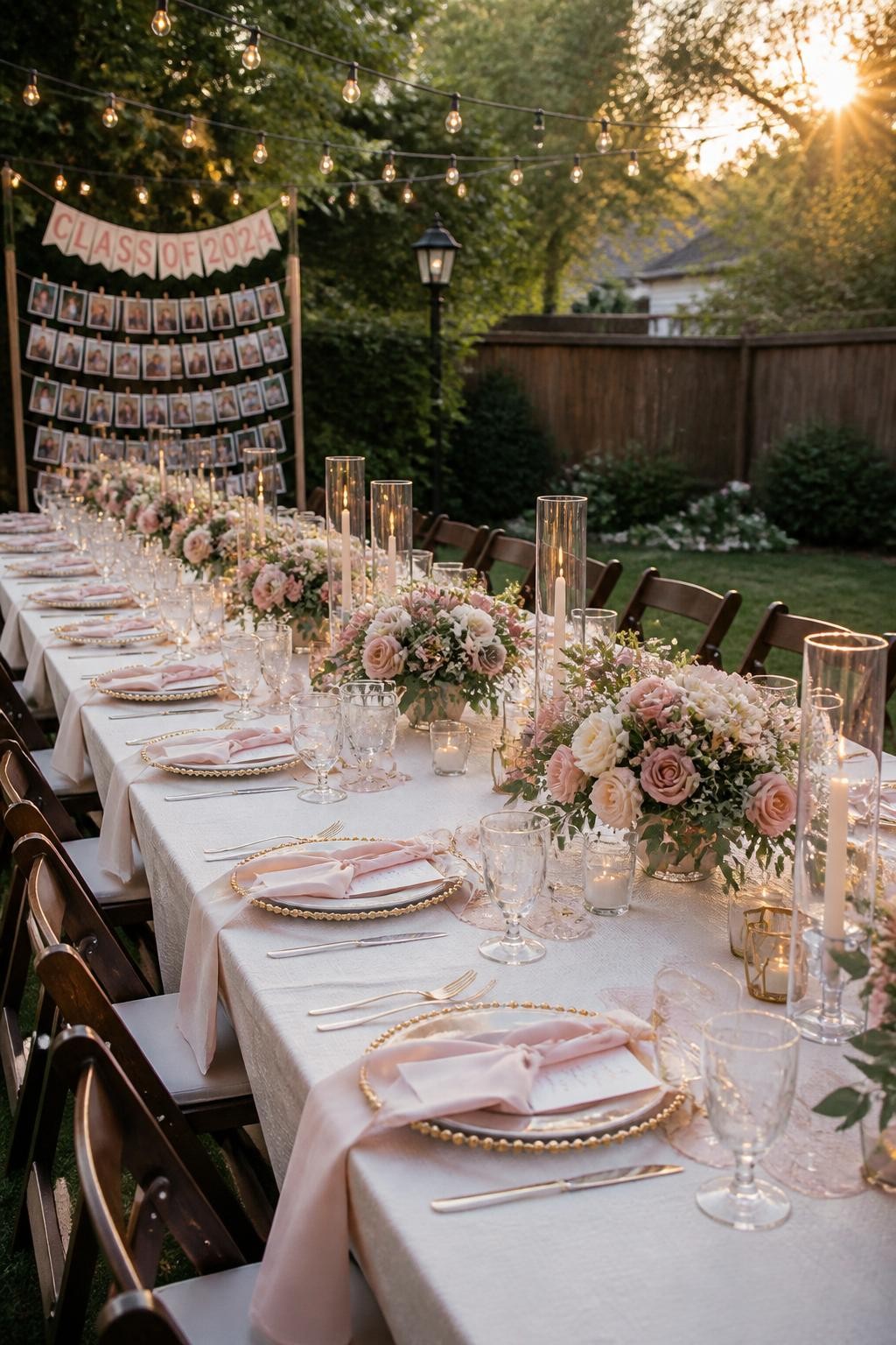 A realistic DSLR photo of a blush-toned garden graduation dinner with long tables, soft pink flowers, cream linens, glass candle holders, gold chargers, ribbon-tied napkins, and string lights overhead, no people, warm golden hour backyard lighting, polished realistic event photography.