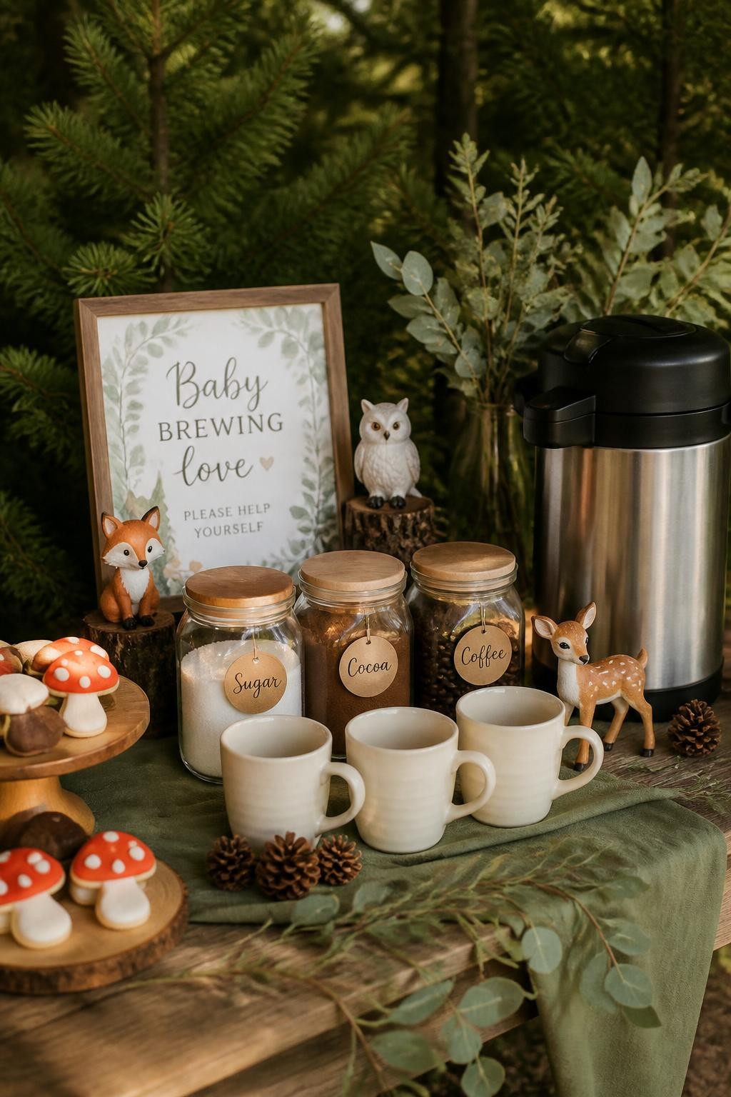 A realistic DSLR photo of a woodland baby shower coffee bar, wooden table with moss green runner, coffee dispenser, cream ceramic mugs, glass jars of sugar, cocoa, and coffee beans, tiny woodland animal figurines, pinecones, eucalyptus branches, mushroom-shaped cookies, warm natural light, cozy forest-inspired baby shower styling, no people.
