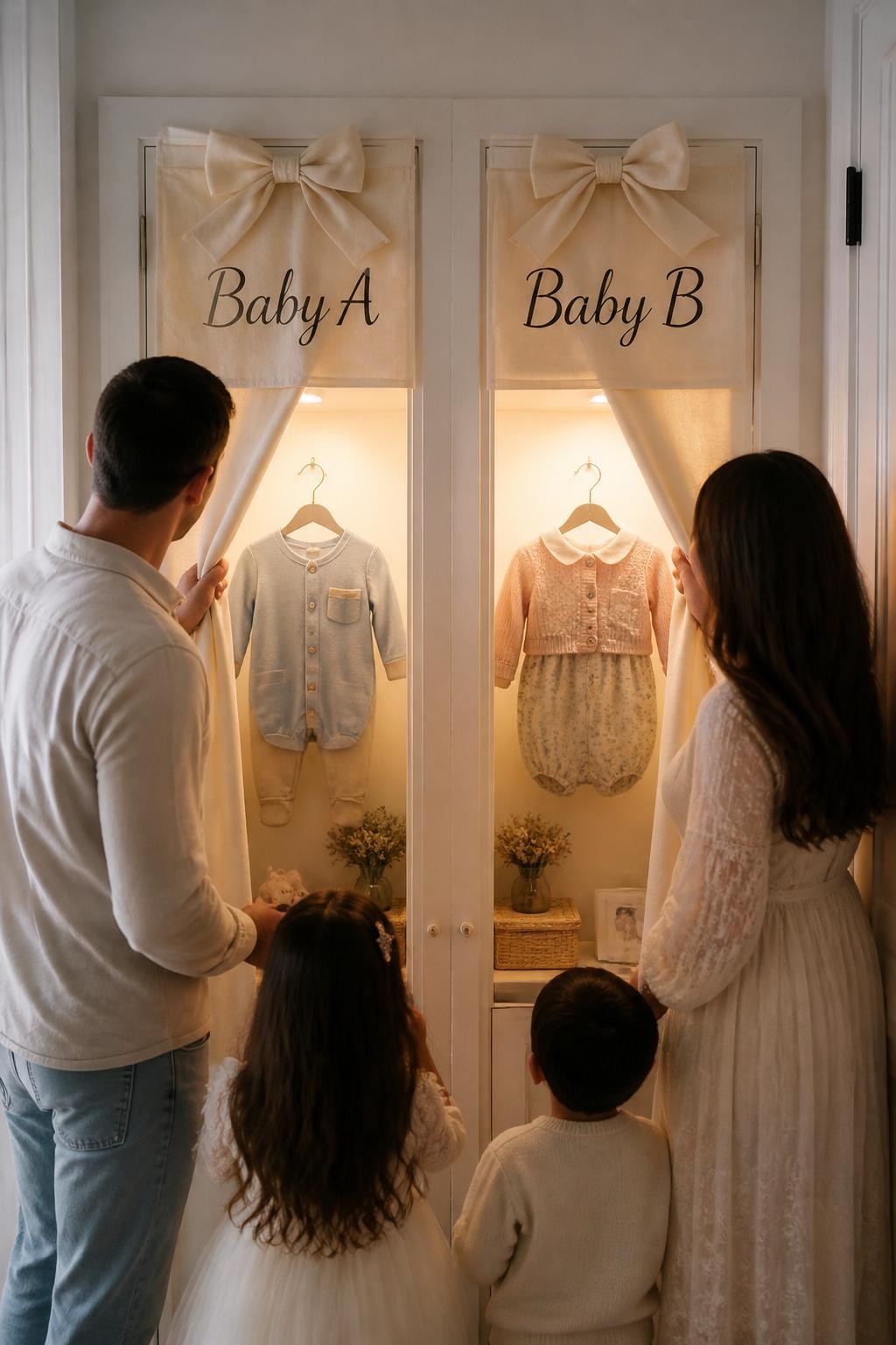 A realistic editorial photo of a home hallway twin gender reveal, two small nursery closet doors or two fabric-covered panels labeled Baby A and Baby B, cream ribbon, soft baby clothes, warm light glowing behind each door, parents opening both doors to reveal two styled baby outfits, intimate family moment, vertical DSLR photography