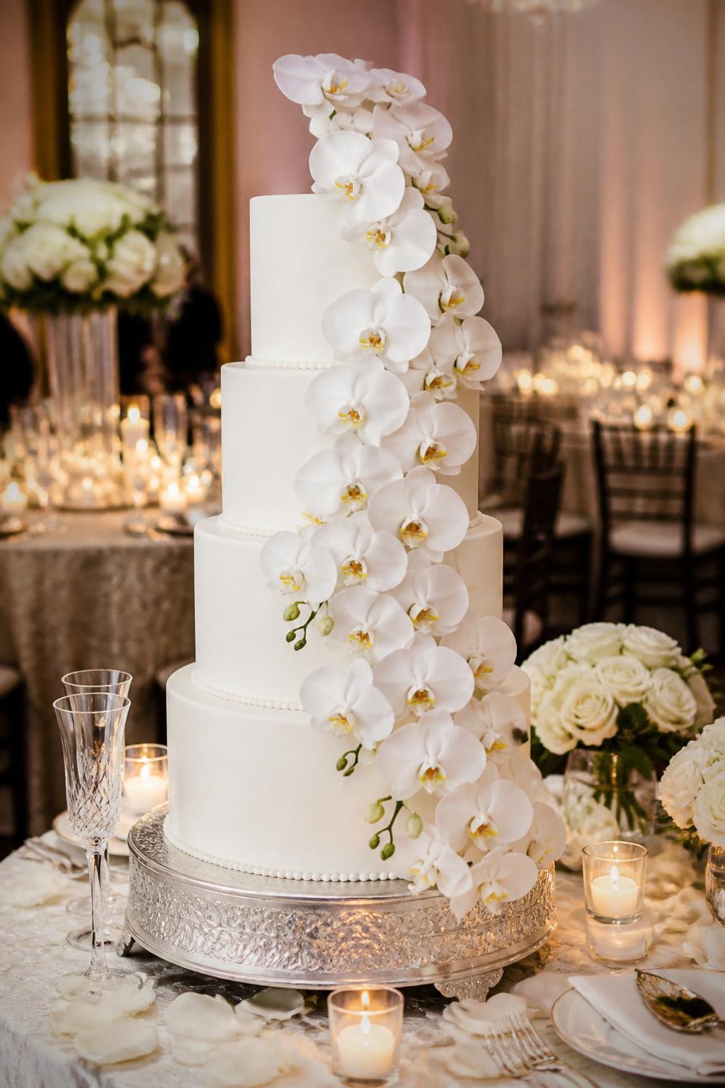 Image Prompt: Ultra-realistic wedding party scene showing a luxury tiered wedding cake with a graceful cascade of fresh white orchids flowing down the tiers. Place the cake on a refined reception cake table with candles, soft floral decor, elegant table settings, and a real wedding venue backdrop. Keep the cake front and center. No visible faces. If people are present, show only back views, side views in blur, cropped figures from the neck down, or hands adjusting decor. Realistic orchid petals, smooth fondant or buttercream, soft romantic lighting, DSLR realism. (no watermarks on images)