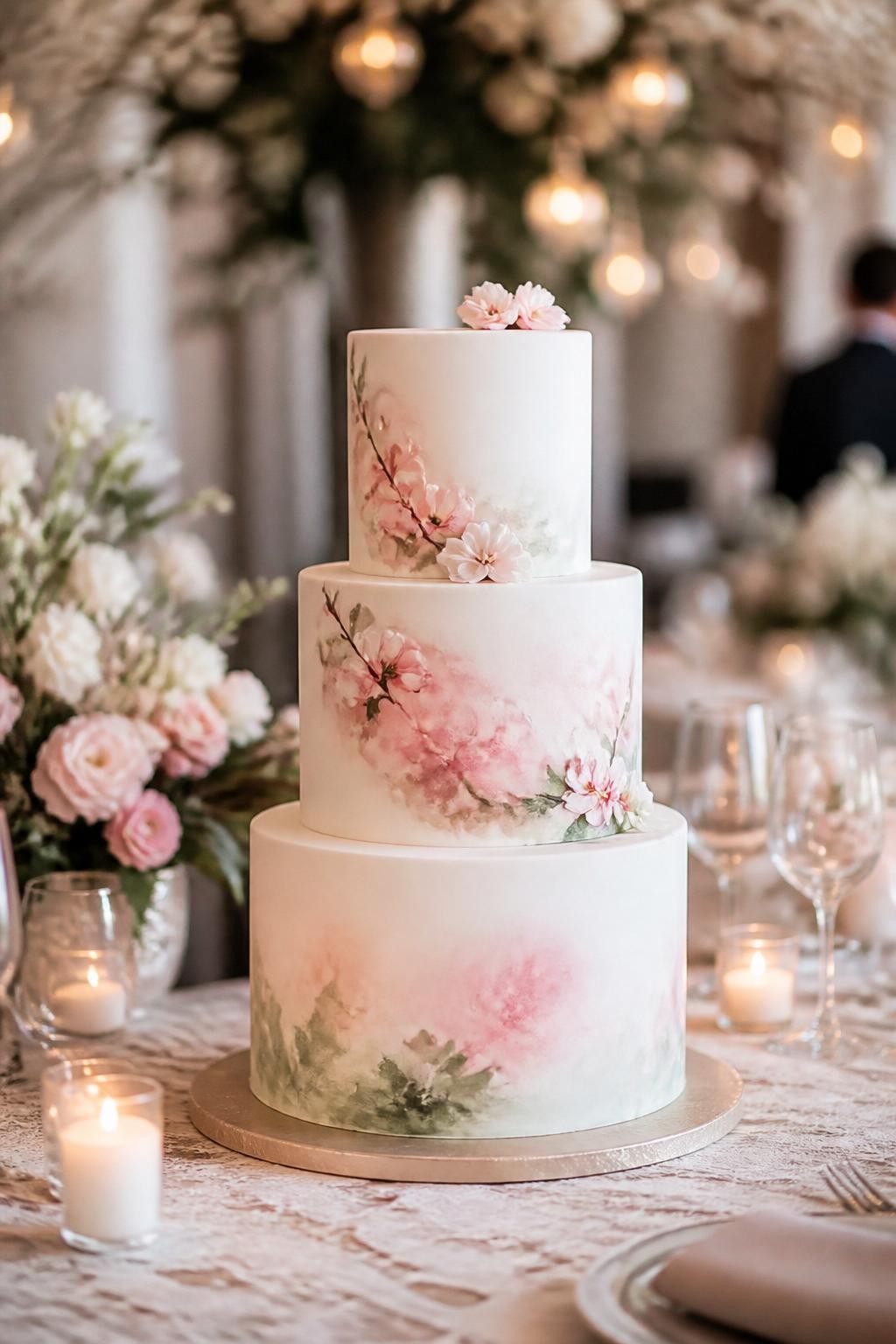 Image Prompt: Ultra-realistic wedding reception scene showing a Japanese-inspired watercolor wedding cake with smooth white tiers and soft watercolor-style washes in blush pink, pale green, ivory, and subtle cherry blossom tones. Add delicate floral accents for a refined finish. Place the cake on a beautiful reception cake table with candles, floral centerpieces, glassware, fine linens, and a softly blurred wedding venue background. Keep the cake front and center. No visible faces. If people appear, show only cropped hands, back views, side angles in blur, or neck-down figures. Realistic watercolor icing effect, soft color palette, romantic DSLR wedding style. (no watermarks on images)