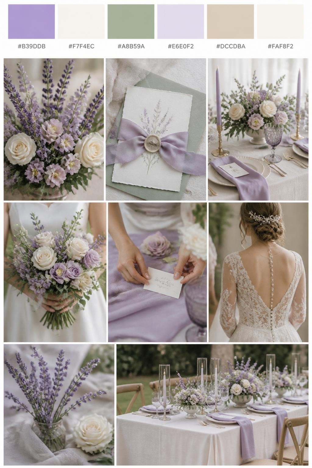Image Prompt:
A realistic purple wedding color palette mood board in a Pinterest-style collage layout. Add a top row of clean color swatches with small hex codes in lavender, ivory, sage green, pale lilac, warm beige, and soft cream. Below the swatches, create a polished collage of wedding details: lavender flowers, ivory roses, sage greenery, soft table linens, elegant stationery with silk ribbon, a bouquet held at waist level with no face visible, hands adjusting place cards, a back-view bridal detail, and a no-people reception table scene. Use side views, back views, cropped-from-neck detail shots, hands-only styling, and no-people scenes to avoid showing faces. Soft natural light, romantic wedding styling, DSLR-style realism, 9:16 vertical format. No extra text except small hex codes on the palette strip. (no watermarks on images)