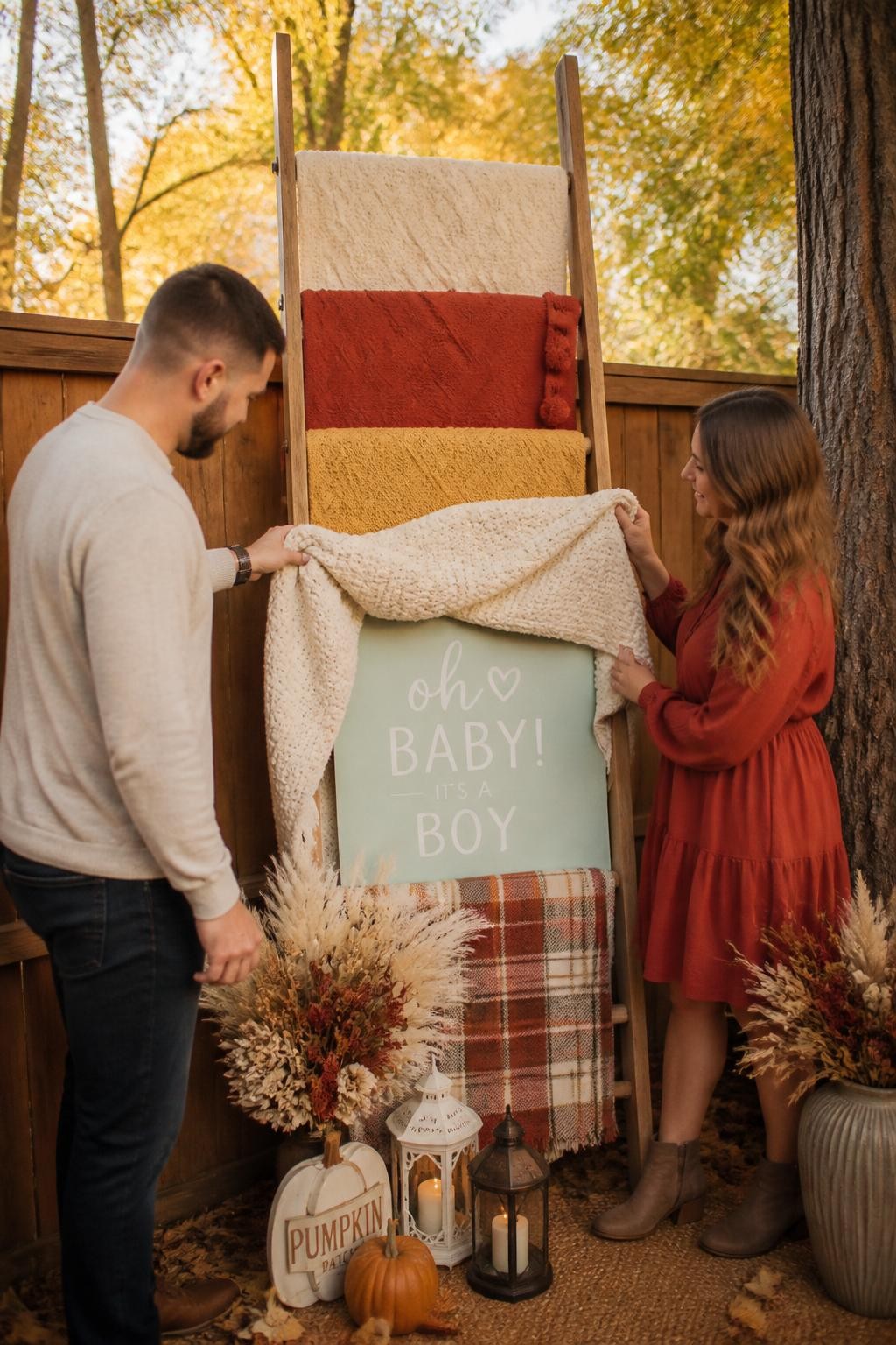 A realistic editorial photo of a fall gender reveal backyard corner, wooden blanket ladder draped with cream, rust, mustard, and plaid blankets, dried flowers, lanterns, parents pulling down one folded blanket to reveal a hidden color panel and baby message, golden hour sunlight, cozy autumn styling, vertical DSLR photography