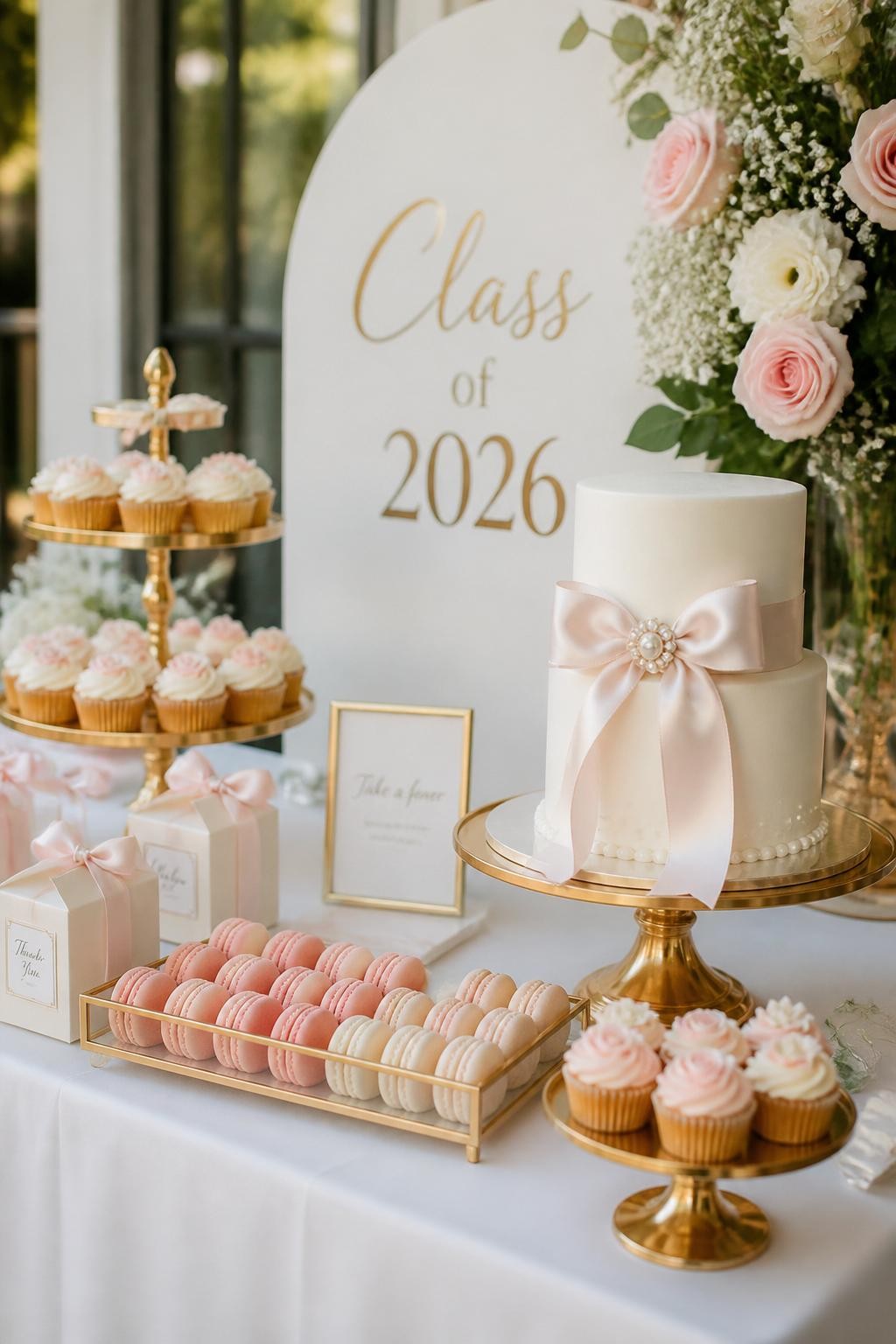 A realistic DSLR photo of a classy girl graduation dessert table with a white cake, cupcakes, macarons, satin bow accents, soft pink and cream flowers, gold cake stands, ribbon-tied favor boxes, and a clean “Class of 2026” sign, no people, bright natural light, polished party photography.