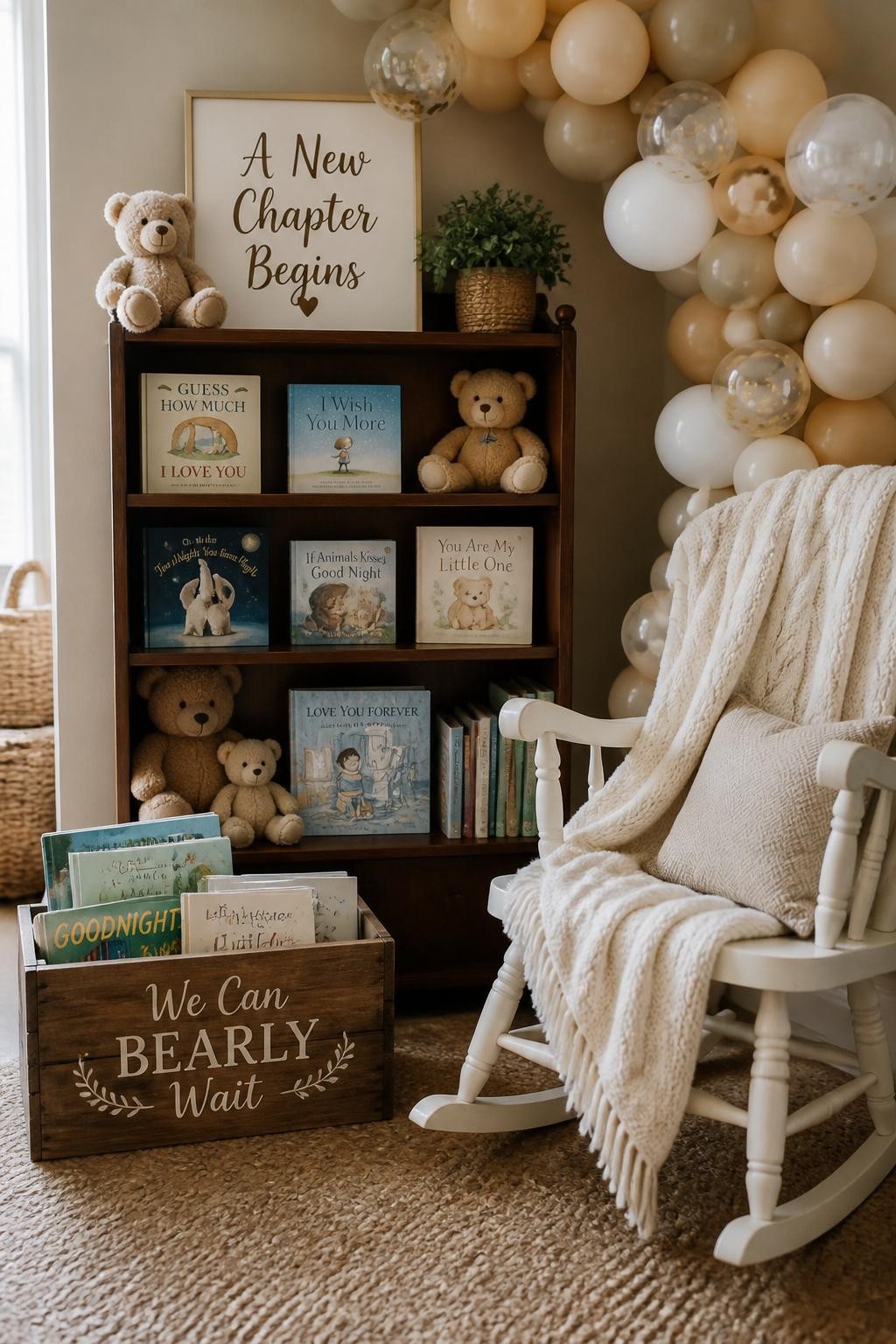 Image Prompt:
A realistic single-image baby shower reading corner for a “We Can Bearly Wait” theme, small vintage bookshelf filled with baby books, plush teddy bears, cream rocking chair, soft knitted blanket, wooden crate with storybooks, beige balloon garland around the shelf, sign reading “A New Chapter Begins,” warm nursery-inspired indoor setting, no people, no faces, soft window light, editorial baby shower decor photography, cozy realistic textures, no watermarks on images