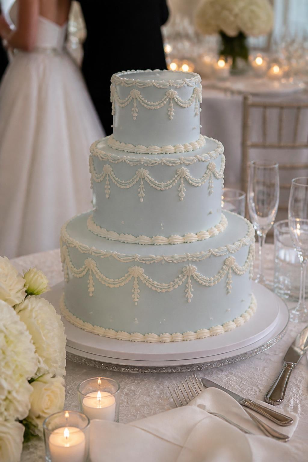 Image Prompt: Ultra-realistic wedding reception scene featuring a powder blue retro wedding cake with delicate white piped borders, pearl details, and elegant vintage-inspired tiered styling. Place the cake on a refined reception cake table with candles, white flowers, glassware, silver accents, fine linens, and a softly blurred wedding party background. Keep the cake sharply focused. No visible faces. If people appear, show only cropped hands, back views, side views in blur, or neck-down figures. Realistic soft blue icing, detailed piping, romantic wedding lighting, DSLR editorial quality. (no watermarks on images)