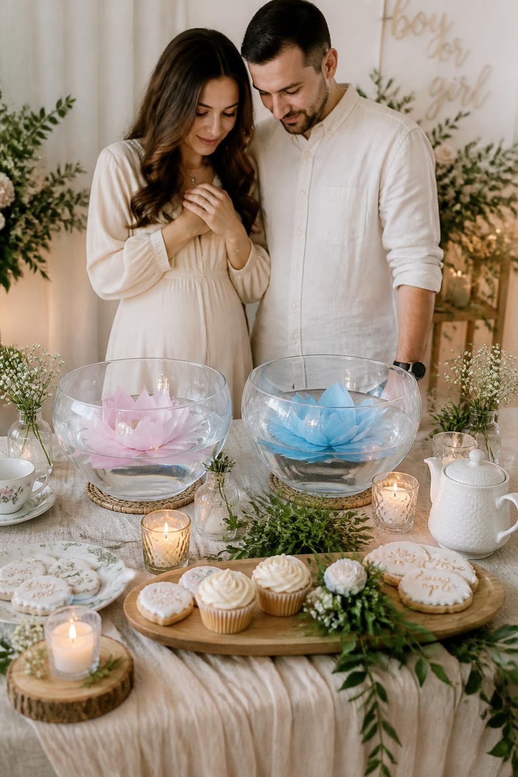 A realistic editorial photo of a twin gender reveal tea table, two glass bowls with folded paper flowers floating in water, neutral linens, candles, fresh greenery, parents watching as both flowers slowly open to reveal two hidden colors, peaceful intimate party styling, vertical DSLR photography