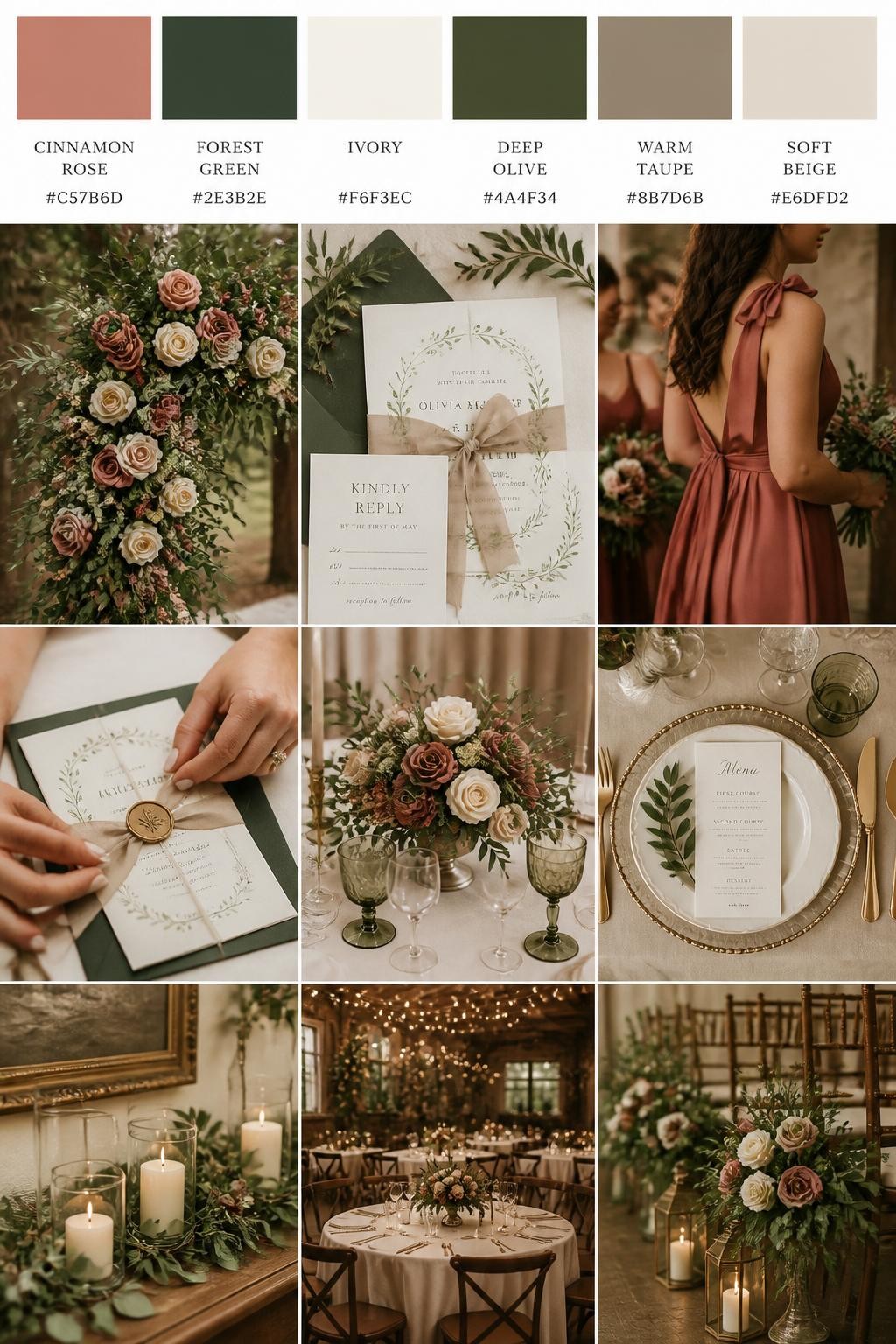 Image Prompt:
A realistic wedding color palette collage with a top row of swatches and hex codes in cinnamon rose, forest green, ivory, deep olive, warm taupe, and soft beige. Below, show realistic wedding details such as forest greenery, cinnamon rose blooms, ivory table styling, elegant stationery, hands tying an invitation suite, a cropped-from-neck bridesmaid dress detail, and a softly lit reception setup. Keep all people shown from the back, side, or cropped below the face, and include some no-people decor scenes for variety. The mood should feel rich, romantic, and elegant with DSLR-quality realism. 9:16 vertical format. (no watermarks on images)
