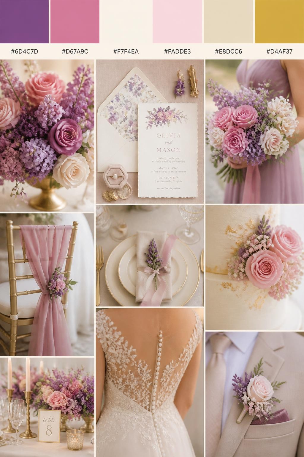 Image Prompt:
A realistic wedding inspiration collage with a top color strip showing hex-coded swatches in amethyst, rose pink, cream, pale blush, warm beige, and soft gold. Below the palette strip, create a realistic wedding mood board with amethyst flowers, rose pink blooms, cream linens, invitation flat lays, cropped dress detail shots, hands holding a bouquet, and no-people decor scenes in soft romantic light. Use back views, side views, shoulder-down crops, and detail-only shots so no full faces are visible. The mood should feel fresh, sweet, romantic, and polished with DSLR-style realism. 9:16 vertical format. (no watermarks on images)