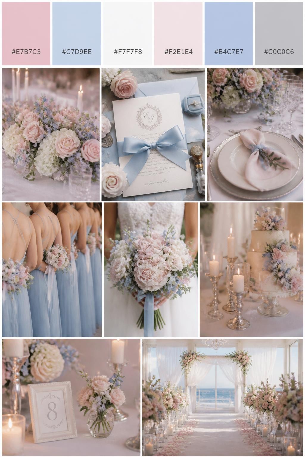 Image Prompt:
A realistic vertical wedding mood board with a top palette strip showing hex codes in soft pink, baby blue, pearl white, pale blush, powder blue, and silver gray. Below the swatches, show a romantic collage of soft pink flowers, baby blue ribbon, pearl-toned candles, polished table settings, invitation styling, a bouquet held in front of the body with no face visible, cropped bridesmaid dress details, and warm ceremony decor. Use varied no-face compositions such as side views, back views, hand-held bouquet close-ups, and no-people tablescape shots. DSLR realism, Pinterest-style collage layout, 9:16 vertical format. (no watermarks on images)