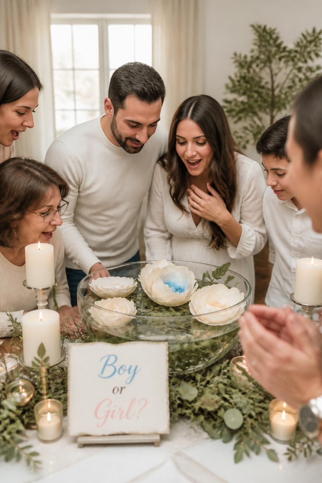 A realistic editorial photo of a gender reveal table centerpiece at home, large glass bowls filled with floating paper flowers, neutral table styling, cream candles, parents and guests leaning in as paper blooms open to show one soft reveal color inside, fresh greenery, warm daylight from window, elegant intimate party photography, vertical composition