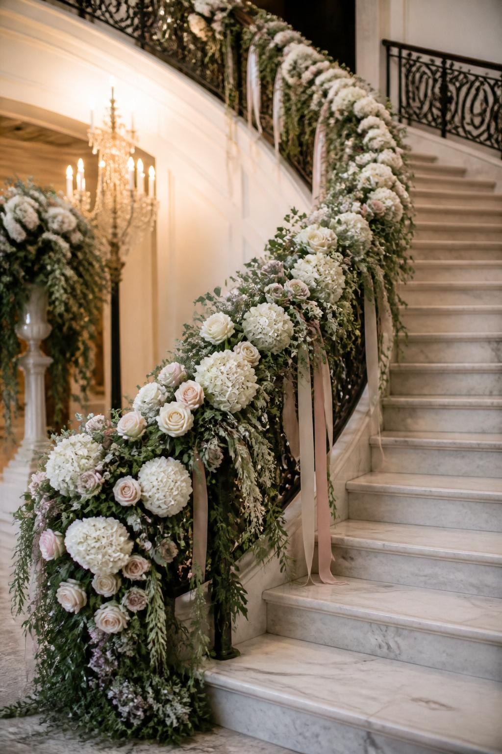 Detailed image prompt: A realistic DSLR-style photo of a grand wedding staircase decorated with a floral garland along the railing, white roses, blush roses, hydrangeas, eucalyptus, trailing greenery, soft ribbon, elegant indoor venue, marble steps, warm lighting, no people.